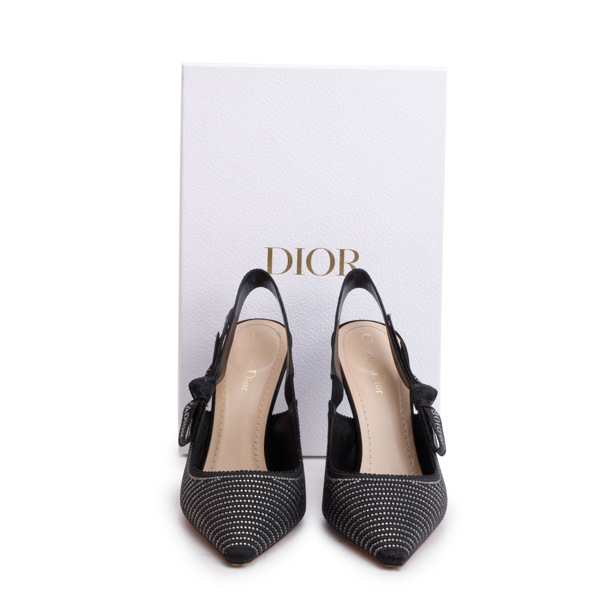 Christian Dior Black Leather Crystal Embellished J'Adior Slingback Pumps, Size 41 w/ Box