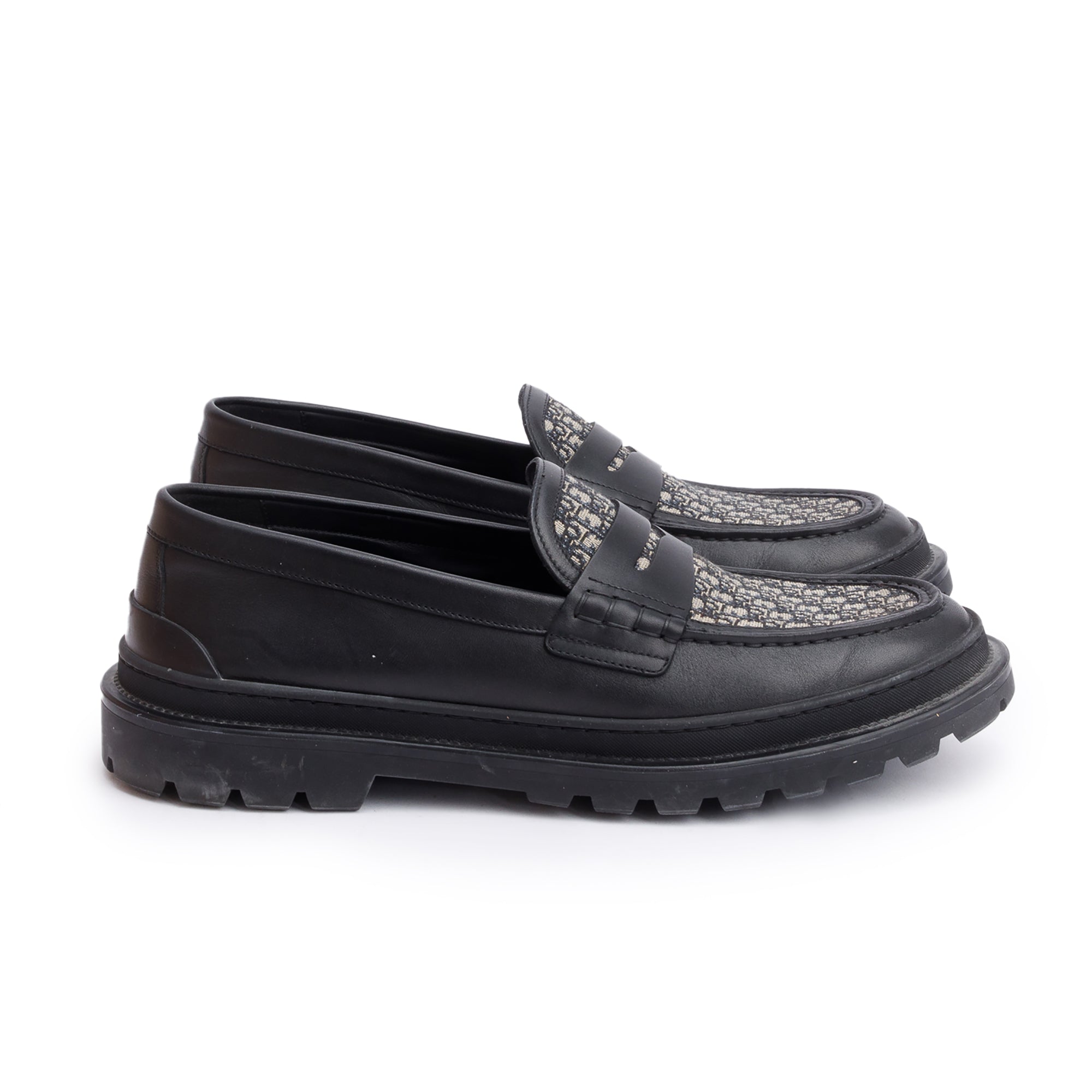 Christian Dior Black Leather Oblique Jacquard Explorer Loafers, Size 46