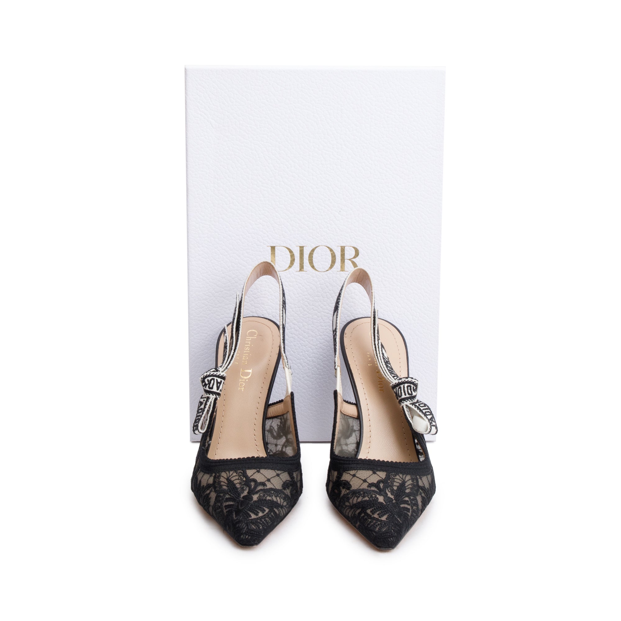 Christian Dior Black Mesh Chardons Embroidery J'Adior Slingback Pumps, Size 37 w/ Box