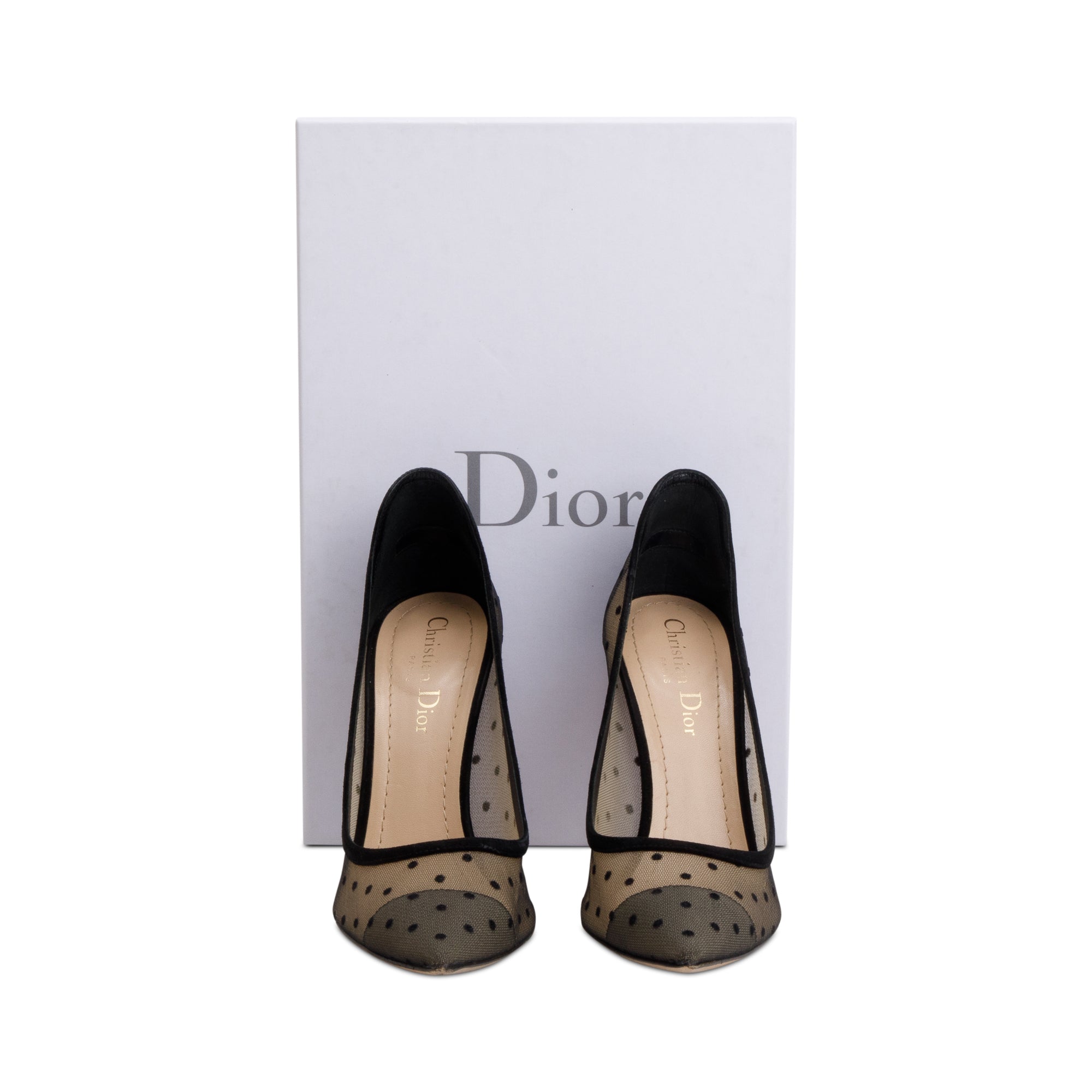 Christian Dior Black Mesh Polka Dot D-Moi Pumps, Size 37.5 w/ Box