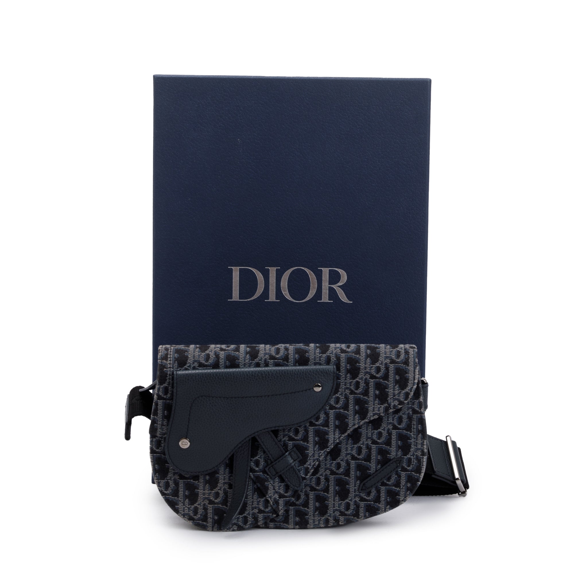 Christian Dior Black Oblique Jacquard Saddle Pouch w/ Box & Authenticity Card