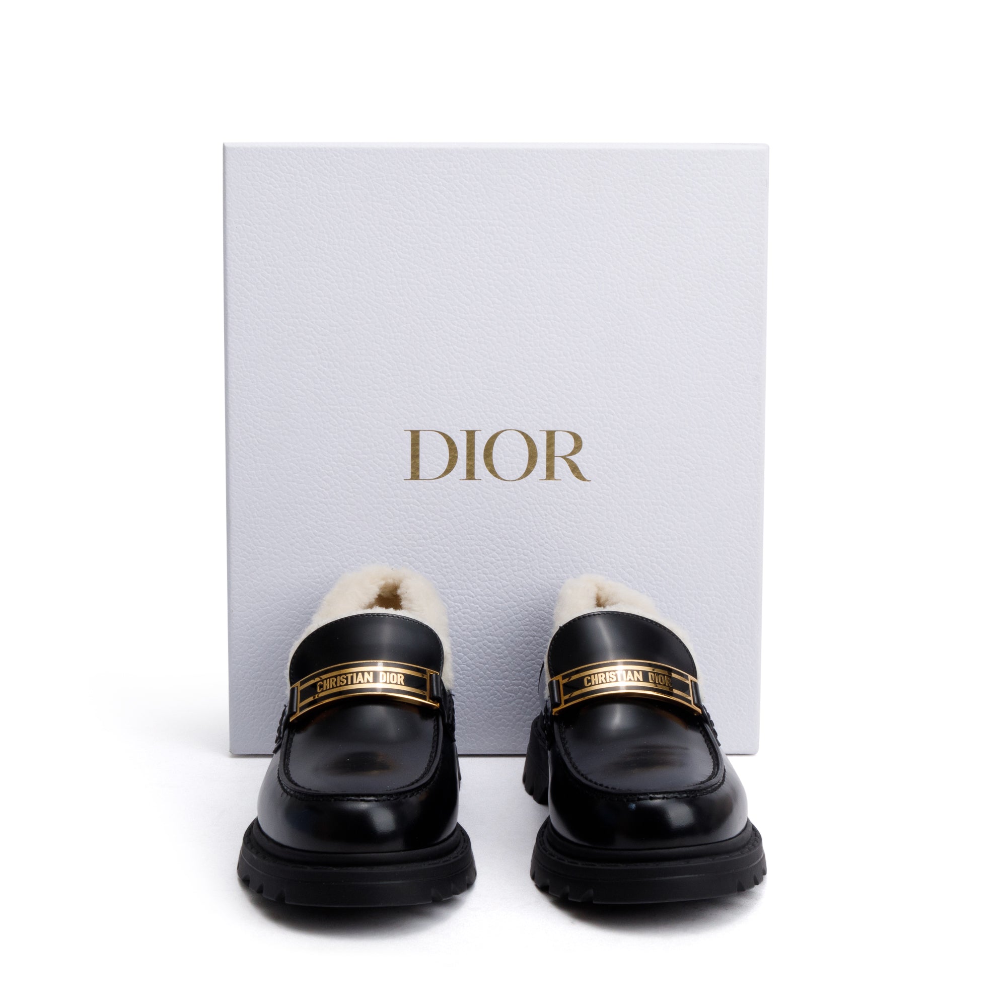Christian Dior Black Smooth Calfskin Leather White Shearling Boy Loafers, Size 39 w/ Box
