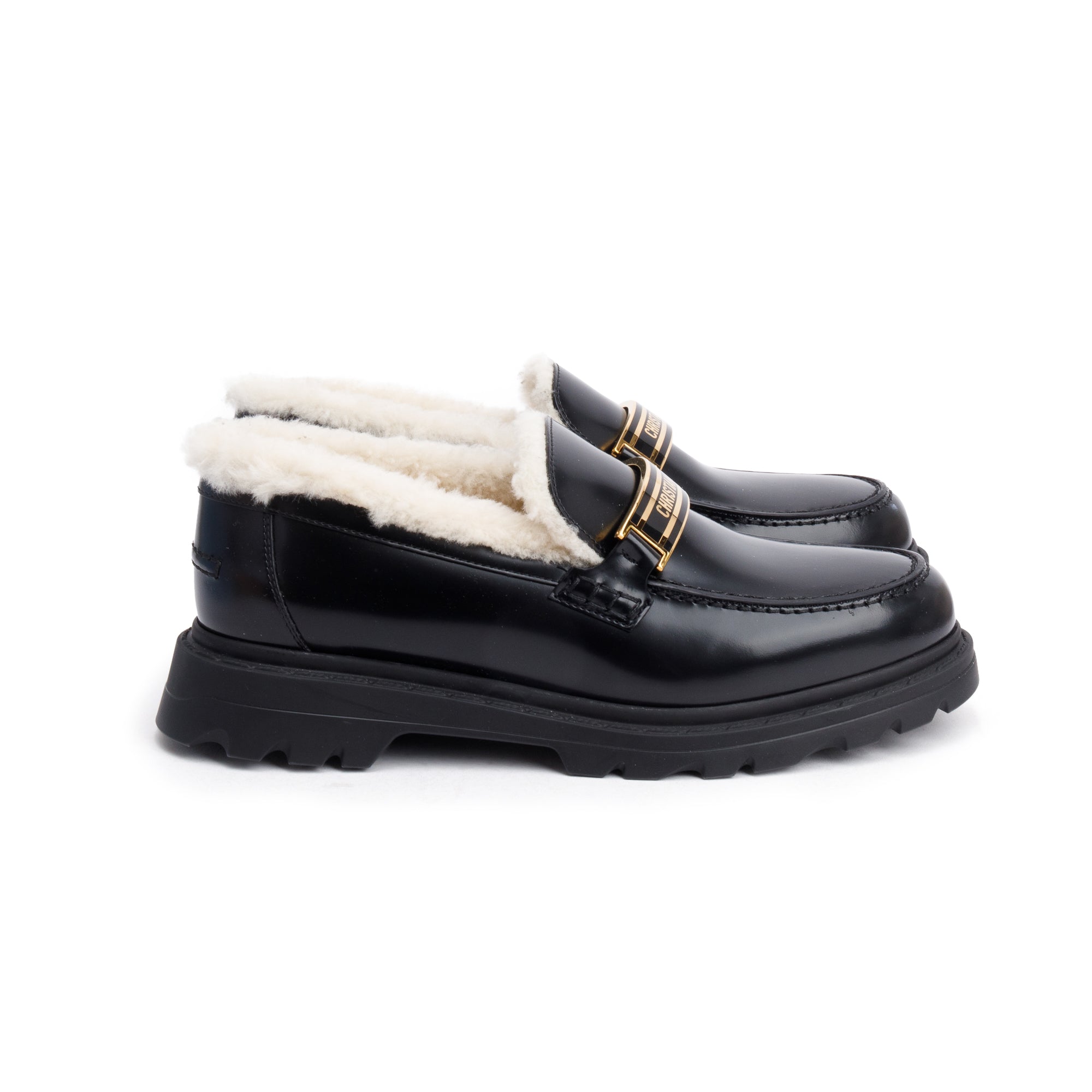 Christian Dior Black Smooth Calfskin Leather White Shearling Boy Loafers, Size 39 w/ Box