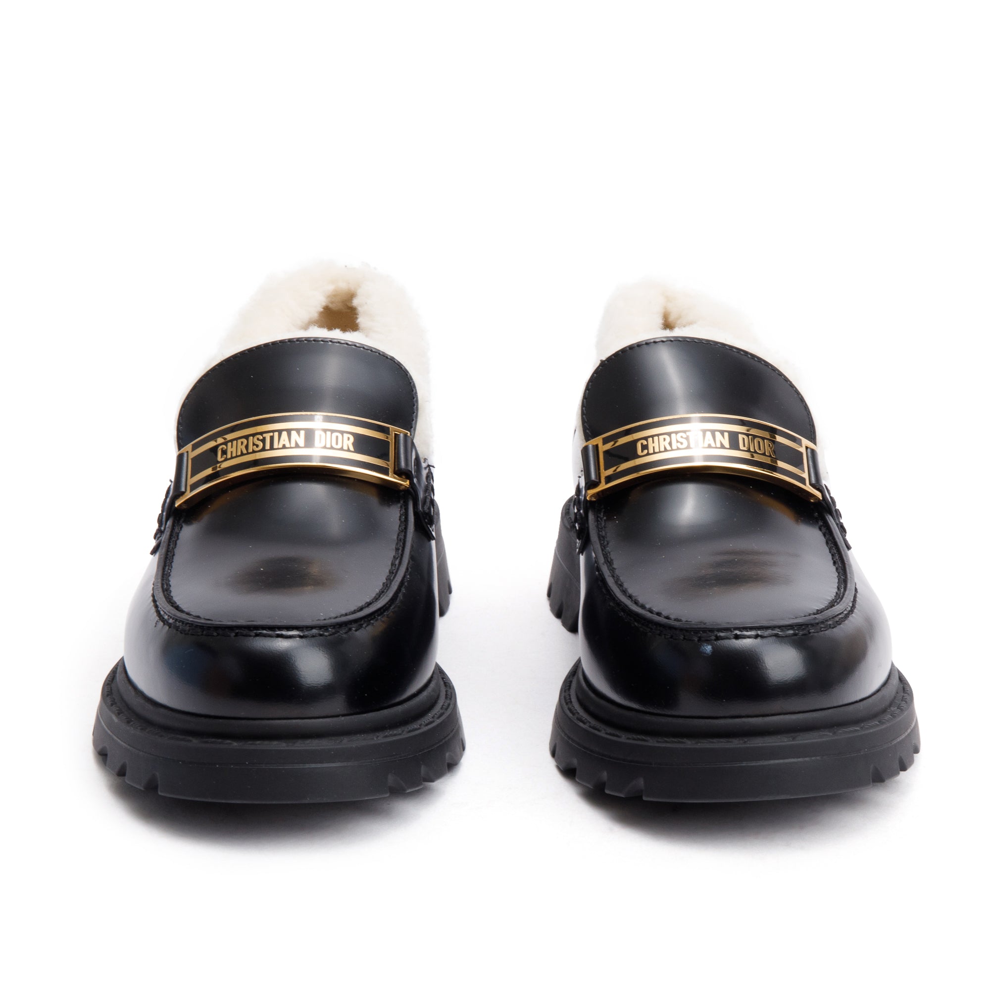 Christian Dior Black Smooth Calfskin Leather White Shearling Boy Loafers, Size 39 w/ Box