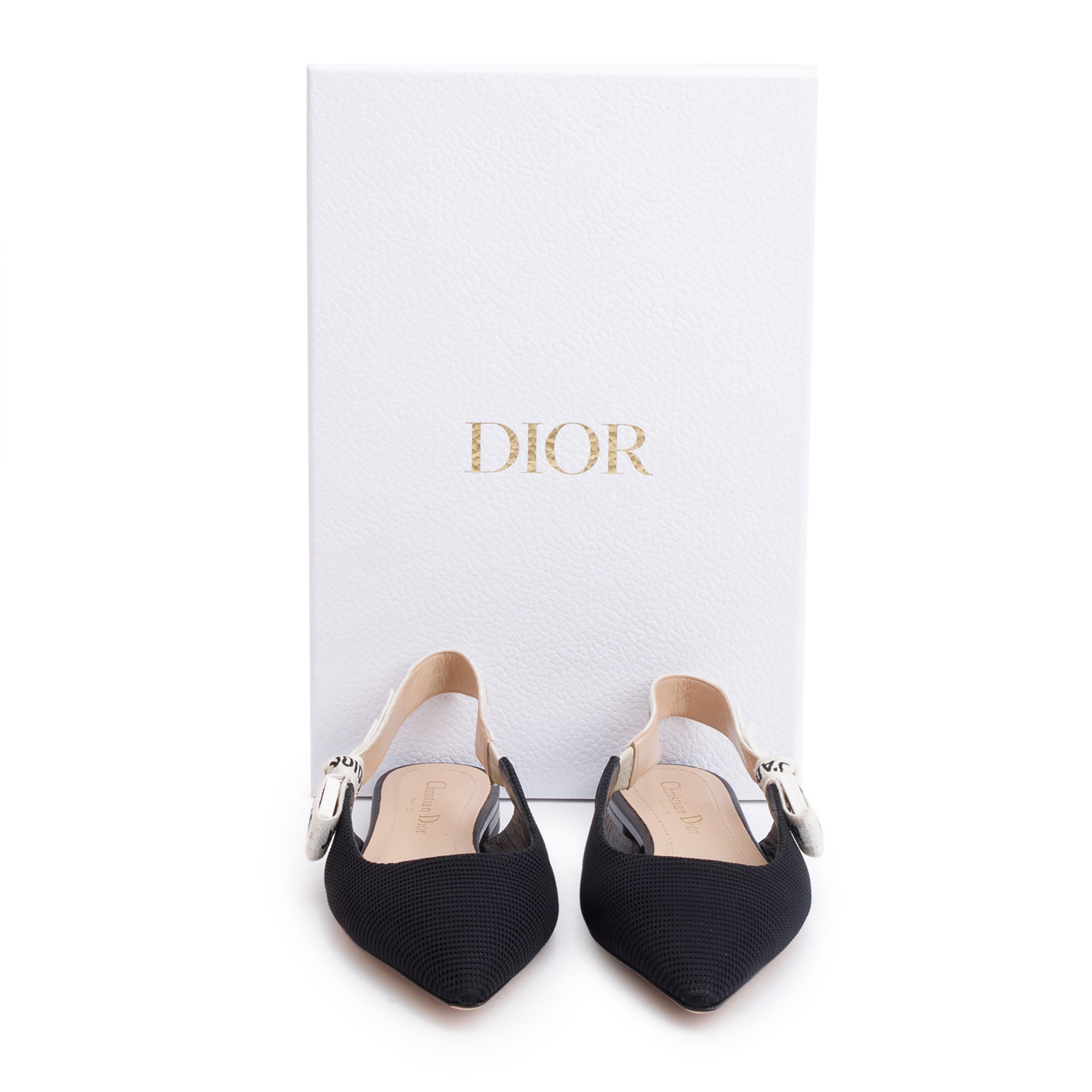 Christian Dior Black Technical Fabric Embroidery J'Adior Slingback Flats, Size 36 w/ Box