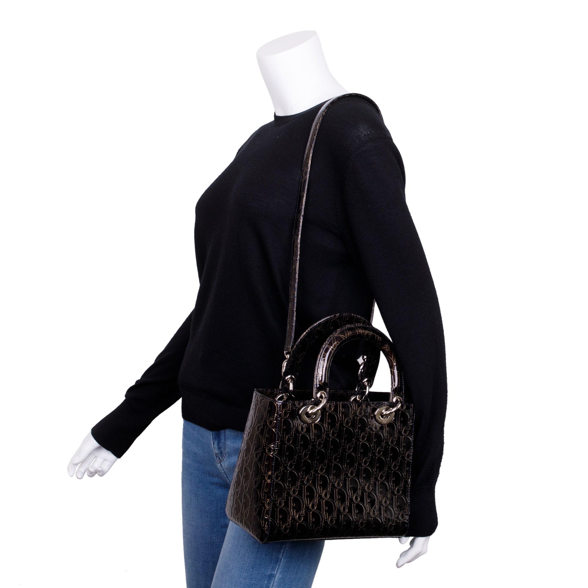 Christian Dior Black Ultimate Embossed Patent Leather Medium Lady Dior Bag w/ Strap