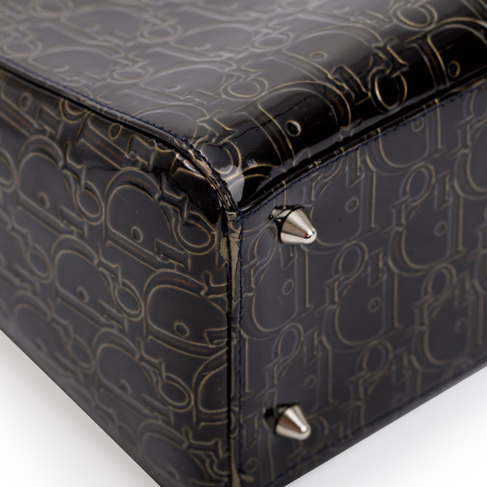 Christian Dior Black Ultimate Embossed Patent Leather Medium Lady Dior Bag w/ Strap