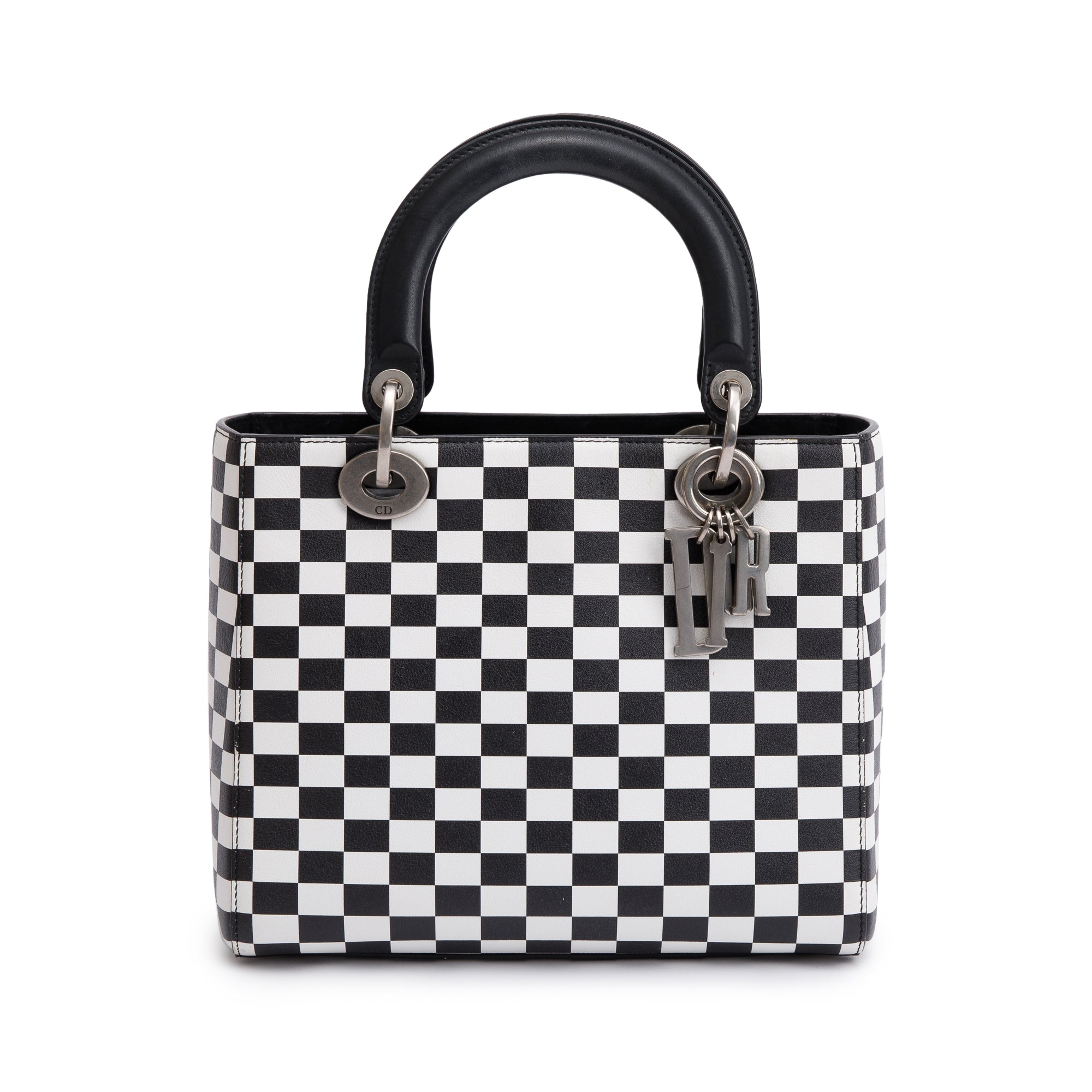 Christian Dior Black & White Check Print Leather Medium Lady Dior Bag w/ Strap, Box & Authenticity Card