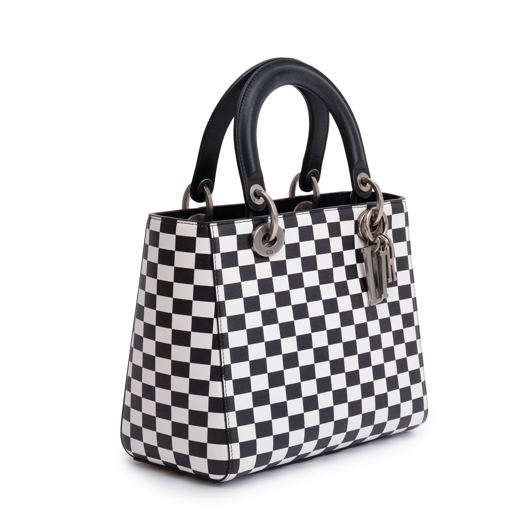 Christian Dior Black & White Check Print Leather Medium Lady Dior Bag w/ Strap, Box & Authenticity Card