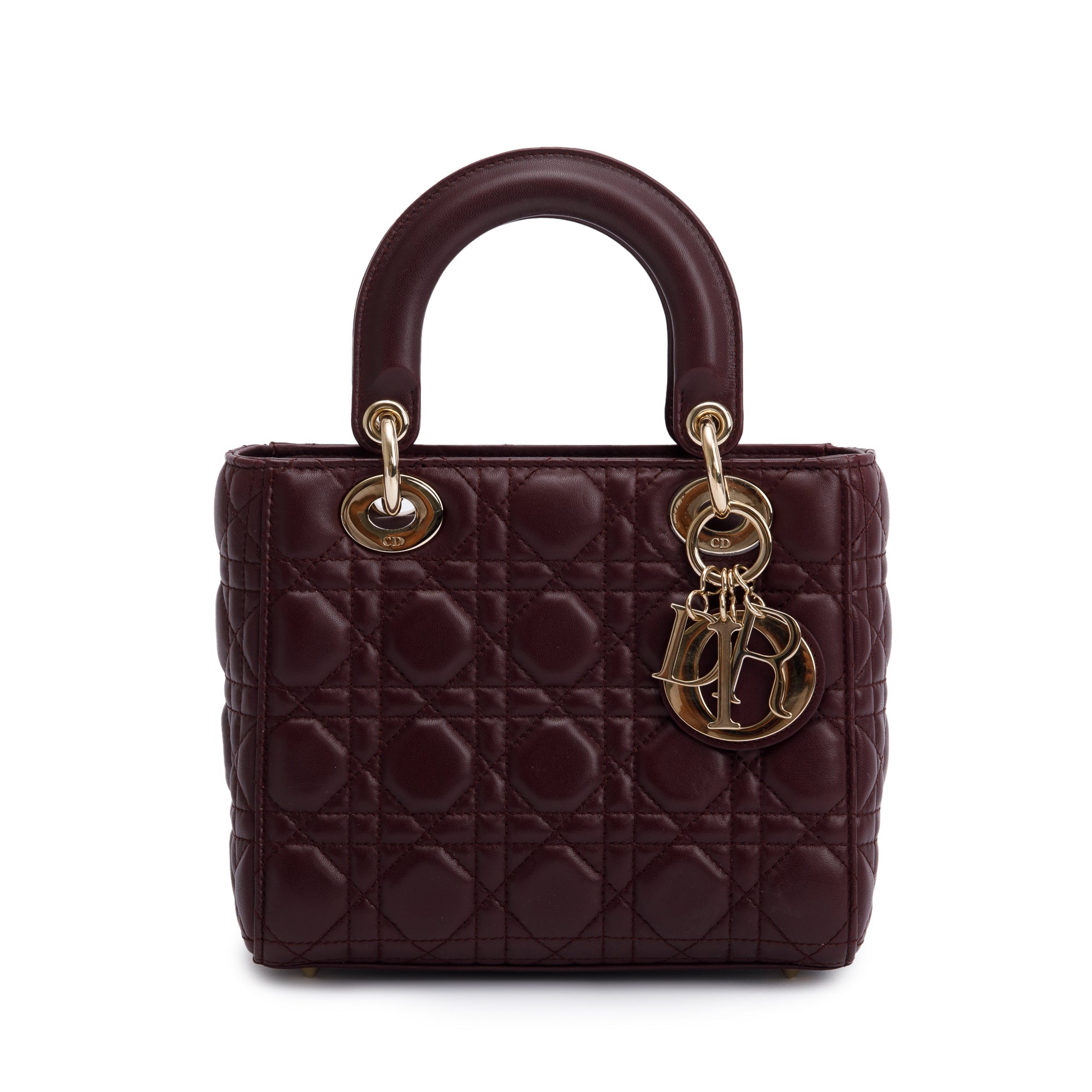 Christian Dior Burgundy Cannage Leather Small Lady Dior Bag w/ Strap, Box & Authenticity Card