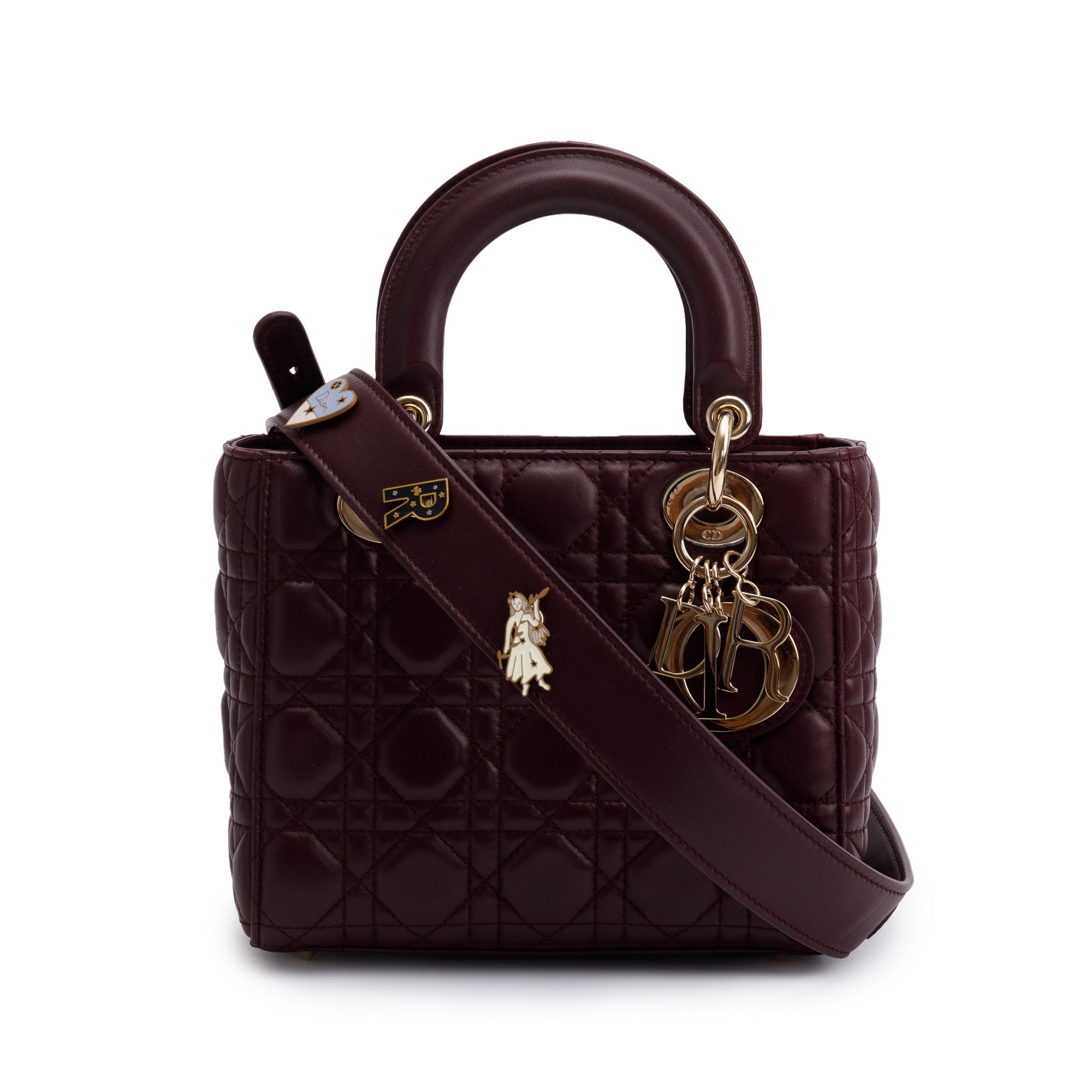 Christian Dior Burgundy Cannage Leather Small Lady Dior Bag w/ Strap, Box & Authenticity Card