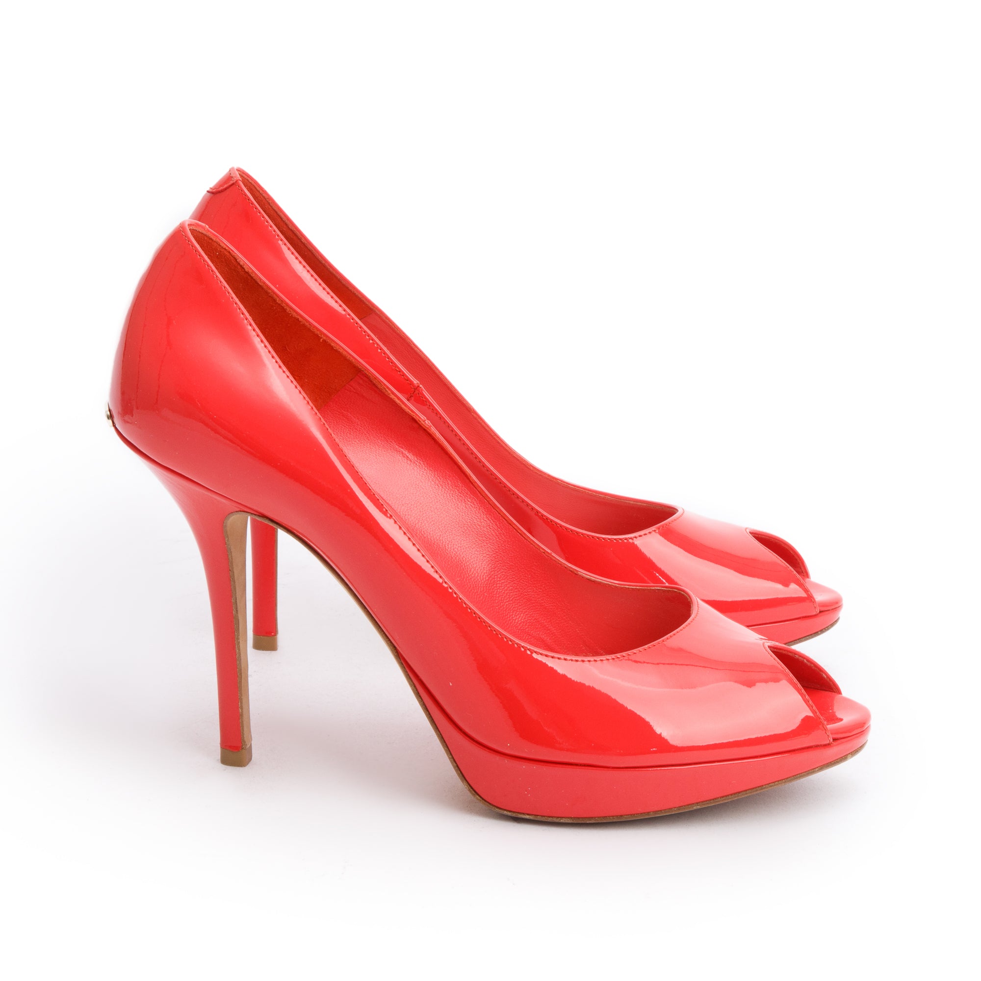 Christian Dior Coral Patent Leather Peep Toe Pumps, Size 40