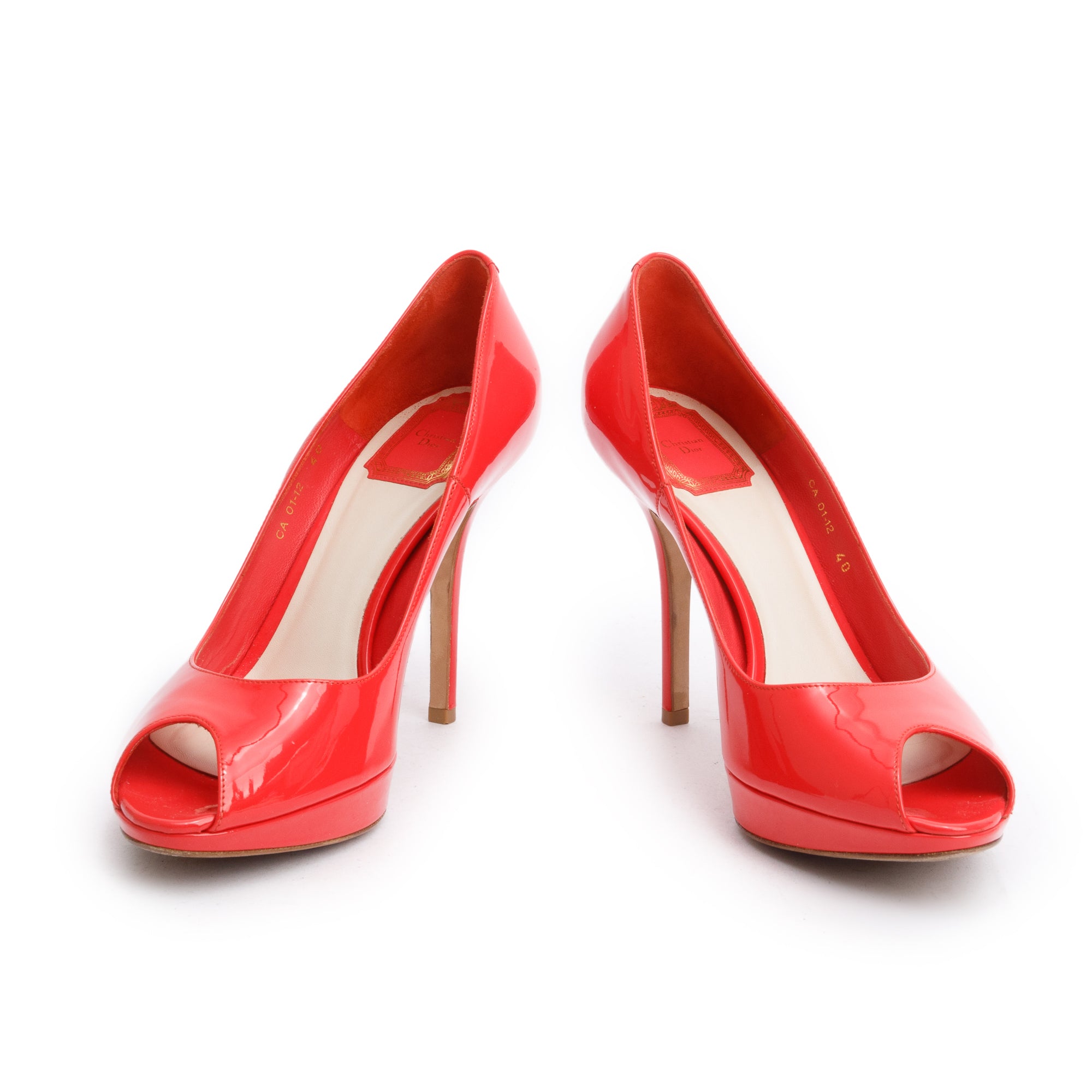 Christian Dior Coral Patent Leather Peep Toe Pumps, Size 40