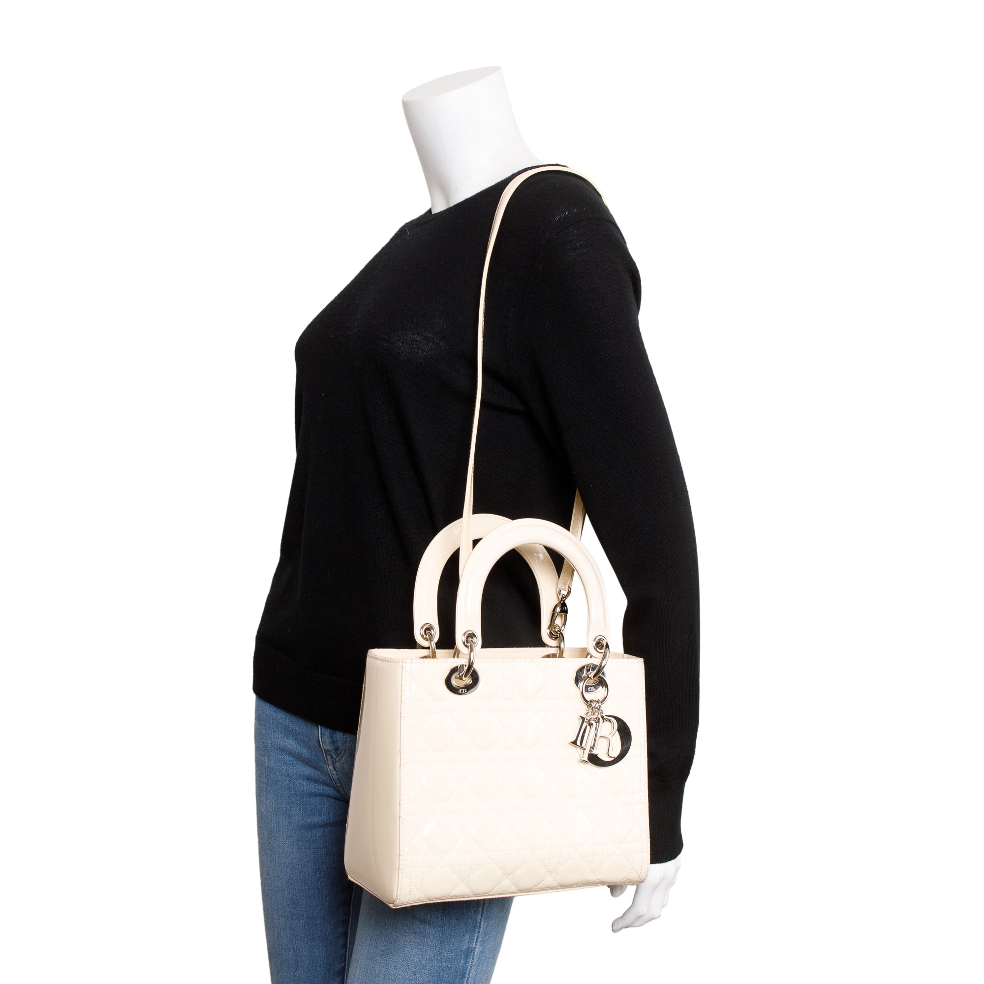 Christian Dior Creme Patent Leather Medium Lady Dior Bag w/ Strap