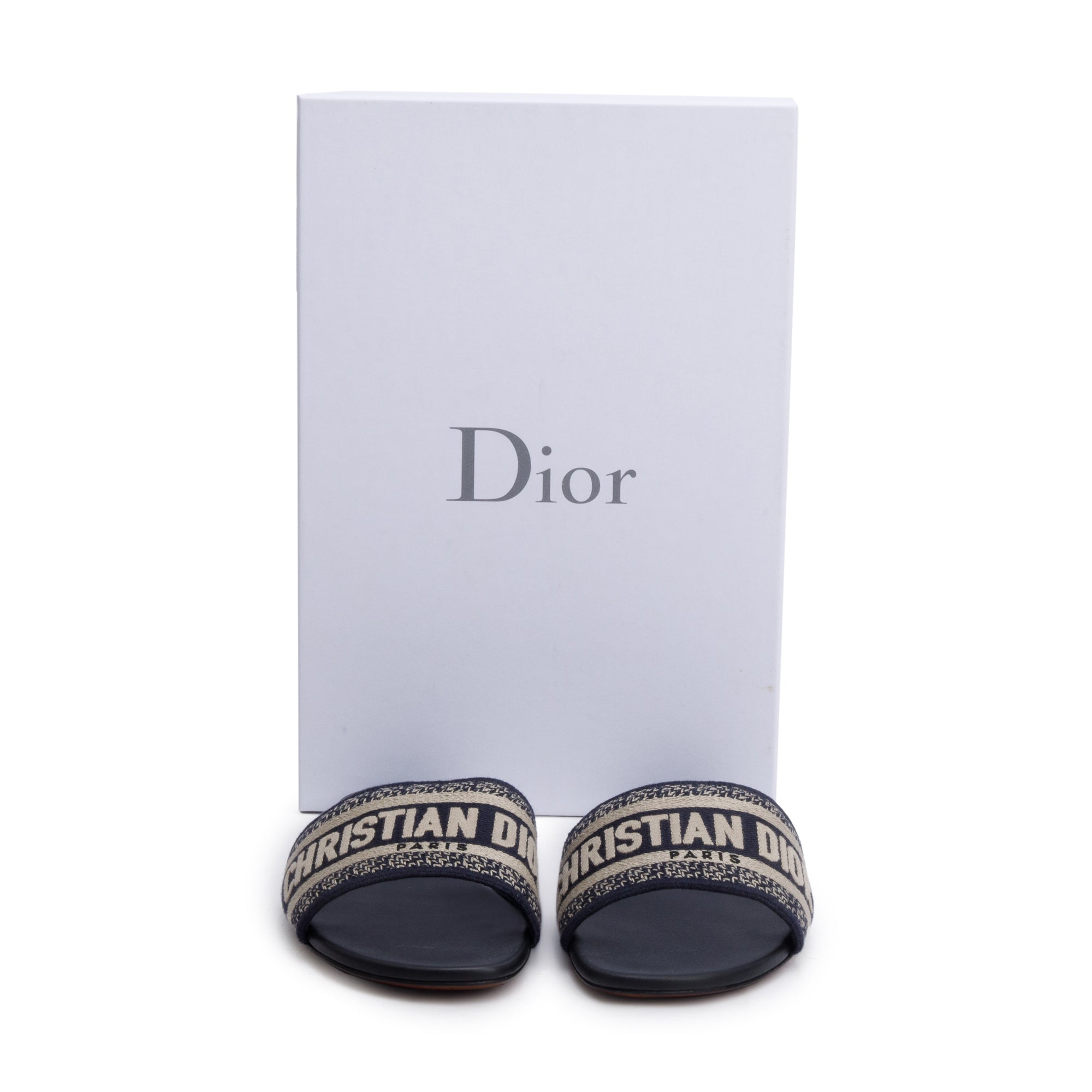 Christian Dior Deep Blue Embroidered Cotton Dway Slide, Size 37.5 w/ Box