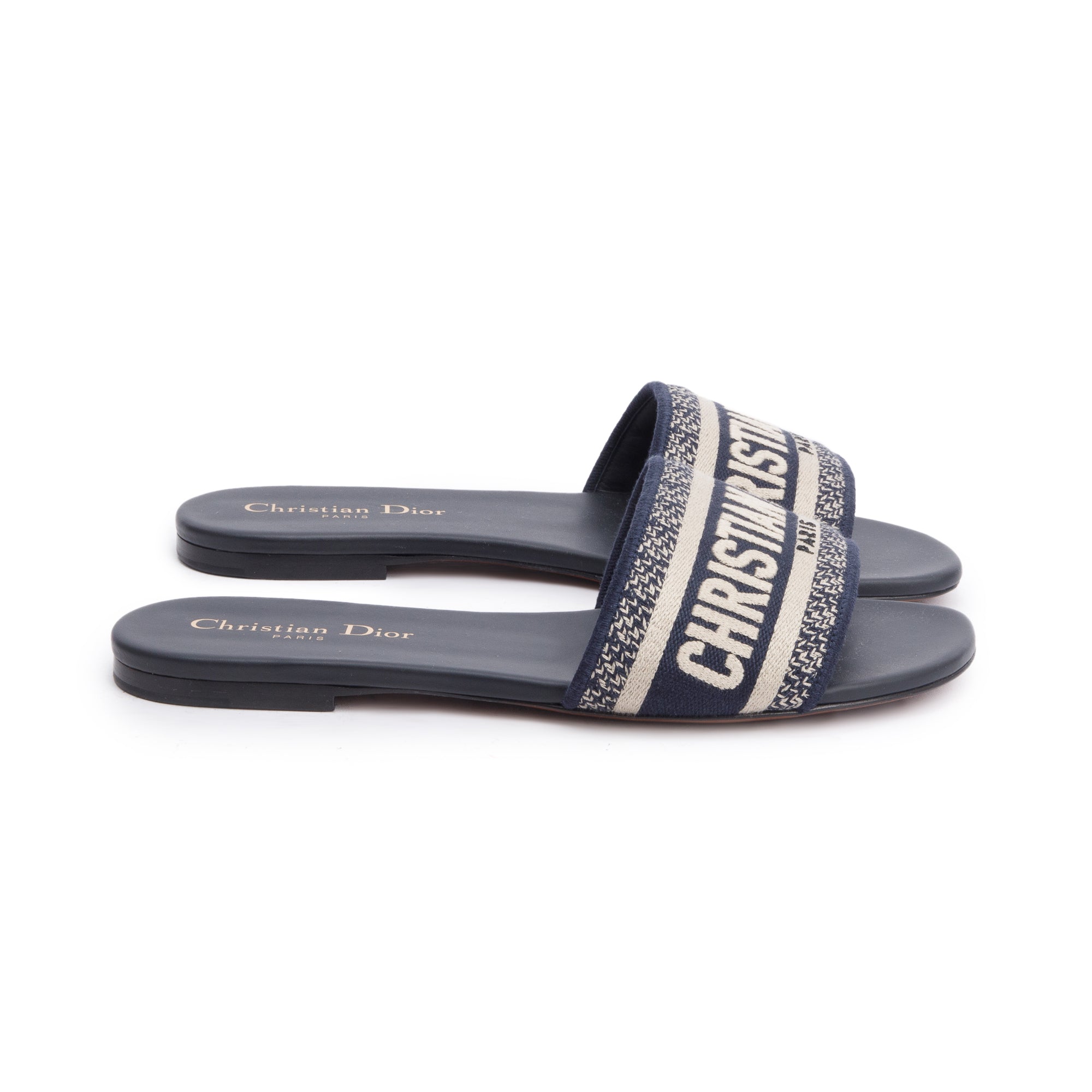Christian Dior Deep Blue Embroidered Cotton Dway Slide, Size 37.5 w/ Box