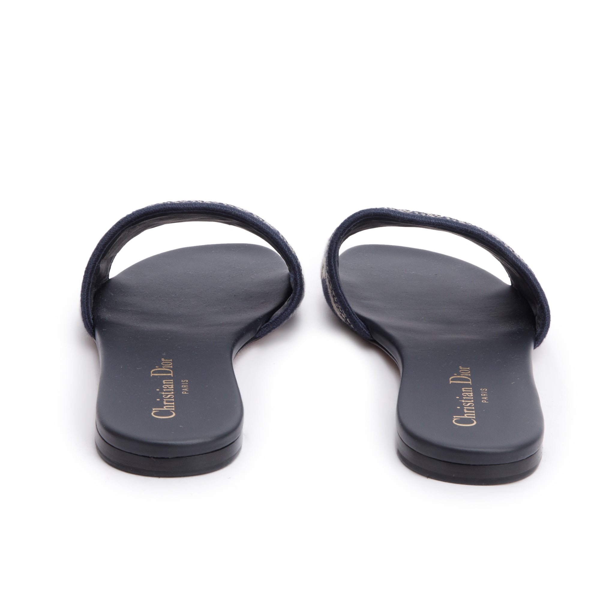 Christian Dior Deep Blue Embroidered Cotton Dway Slide, Size 37.5 w/ Box