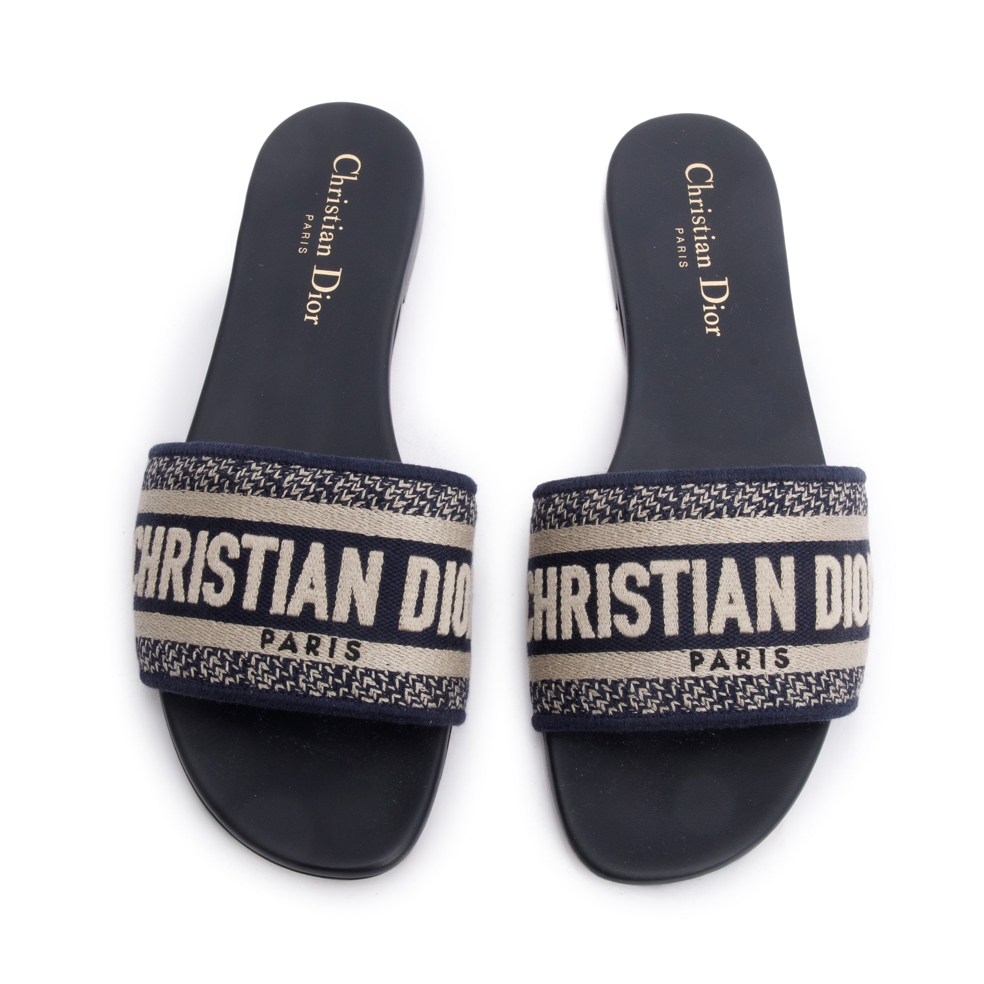 Christian Dior Deep Blue Embroidered Cotton Dway Slide, Size 37.5 w/ Box