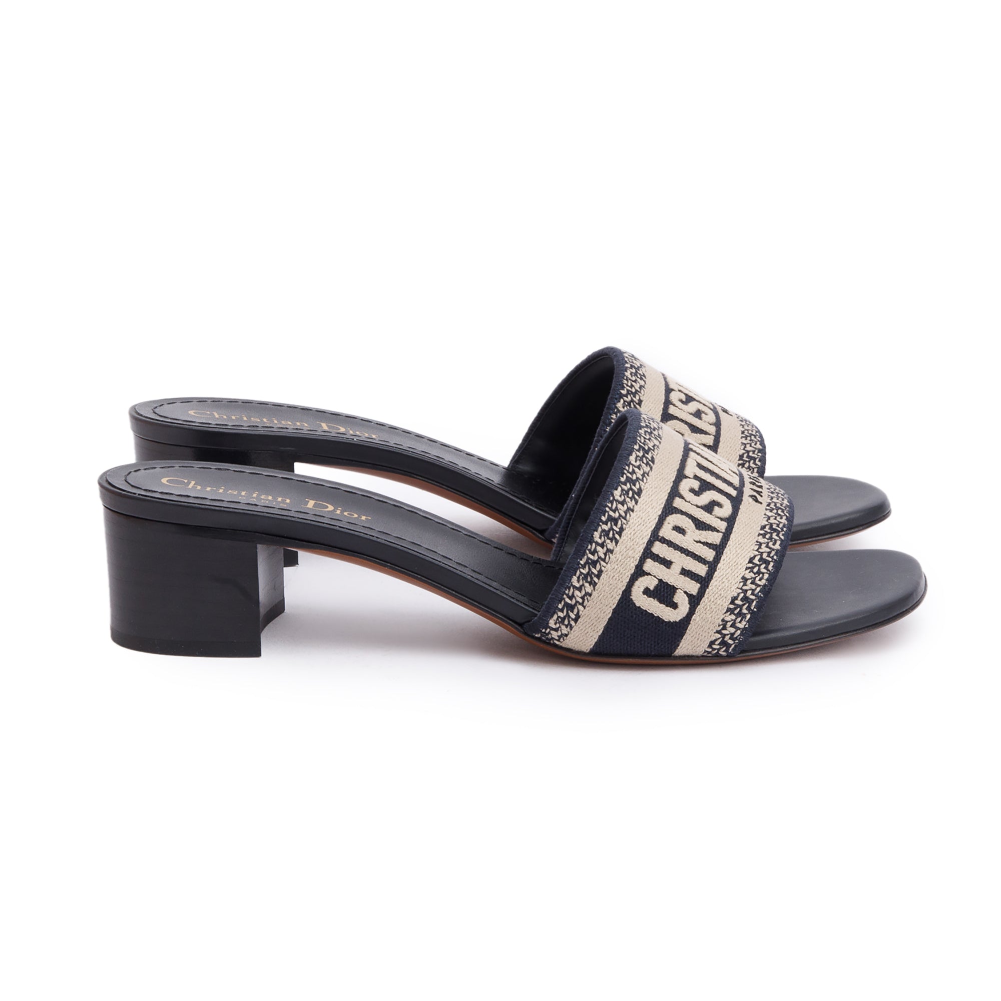 Christian Dior Deep Blue Embroidered Cotton Heeled Dway Slide, Size 39 w/ Box