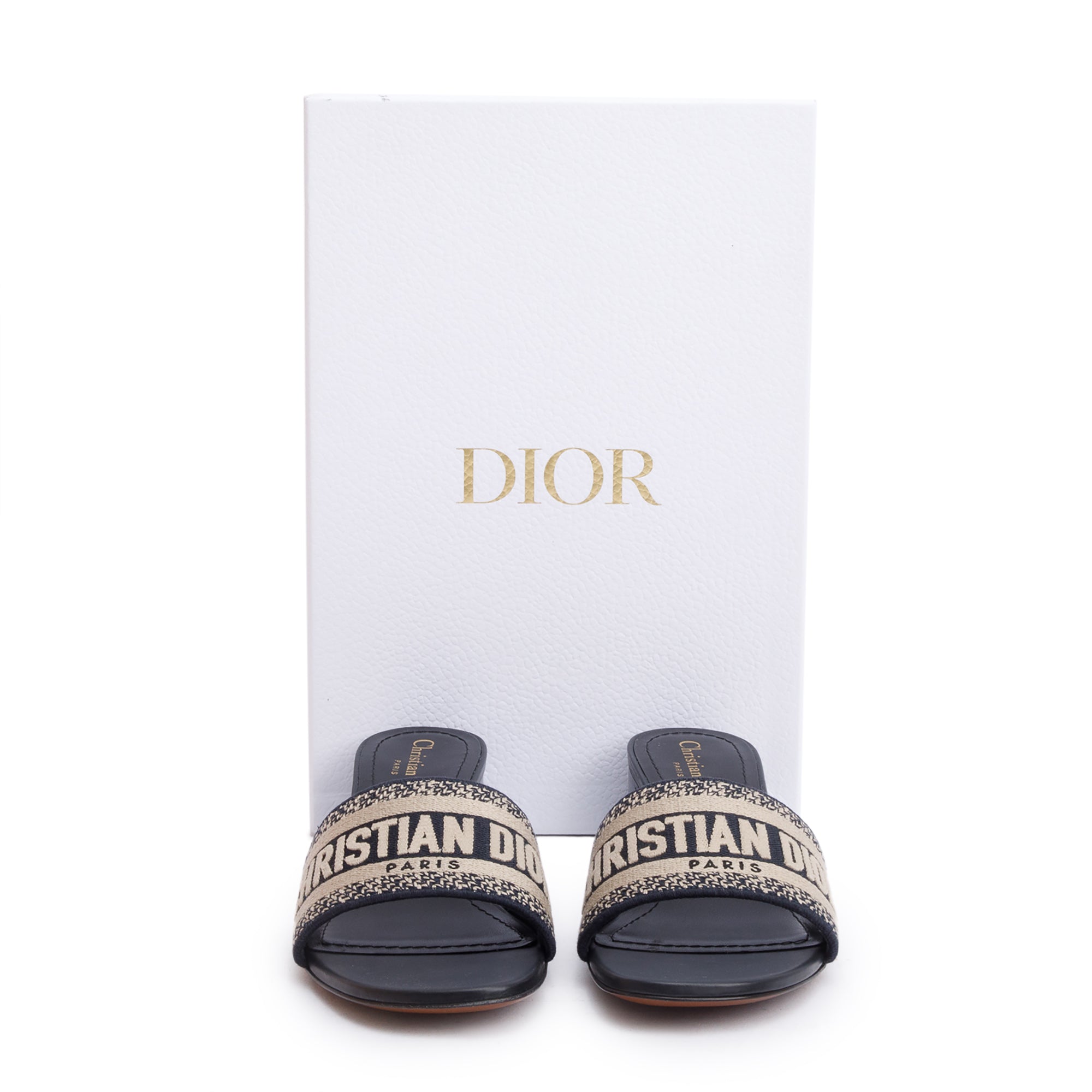 Christian Dior Deep Blue Embroidered Cotton Heeled Dway Slide, Size 39 w/ Box