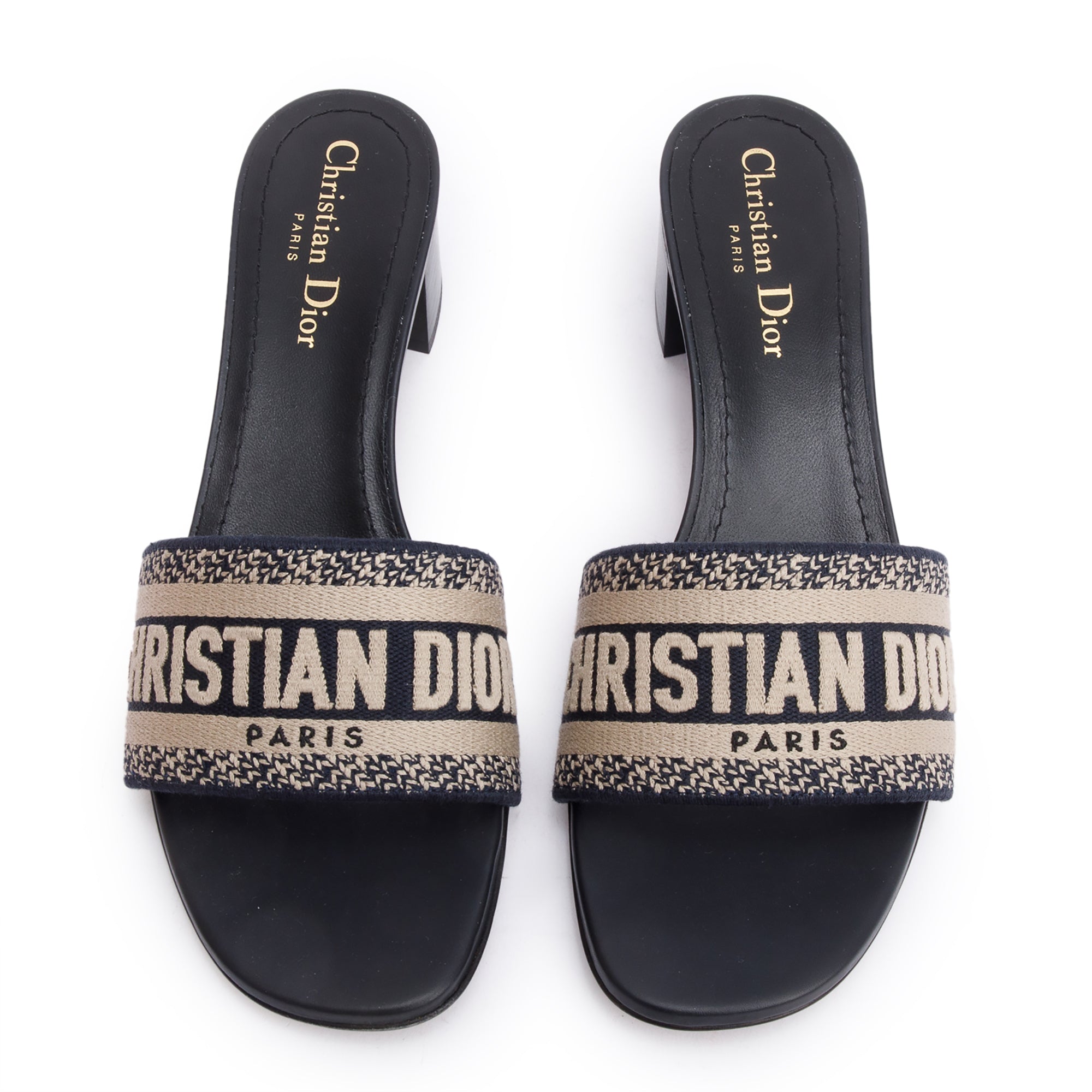 Christian Dior Deep Blue Embroidered Cotton Heeled Dway Slide, Size 39 w/ Box