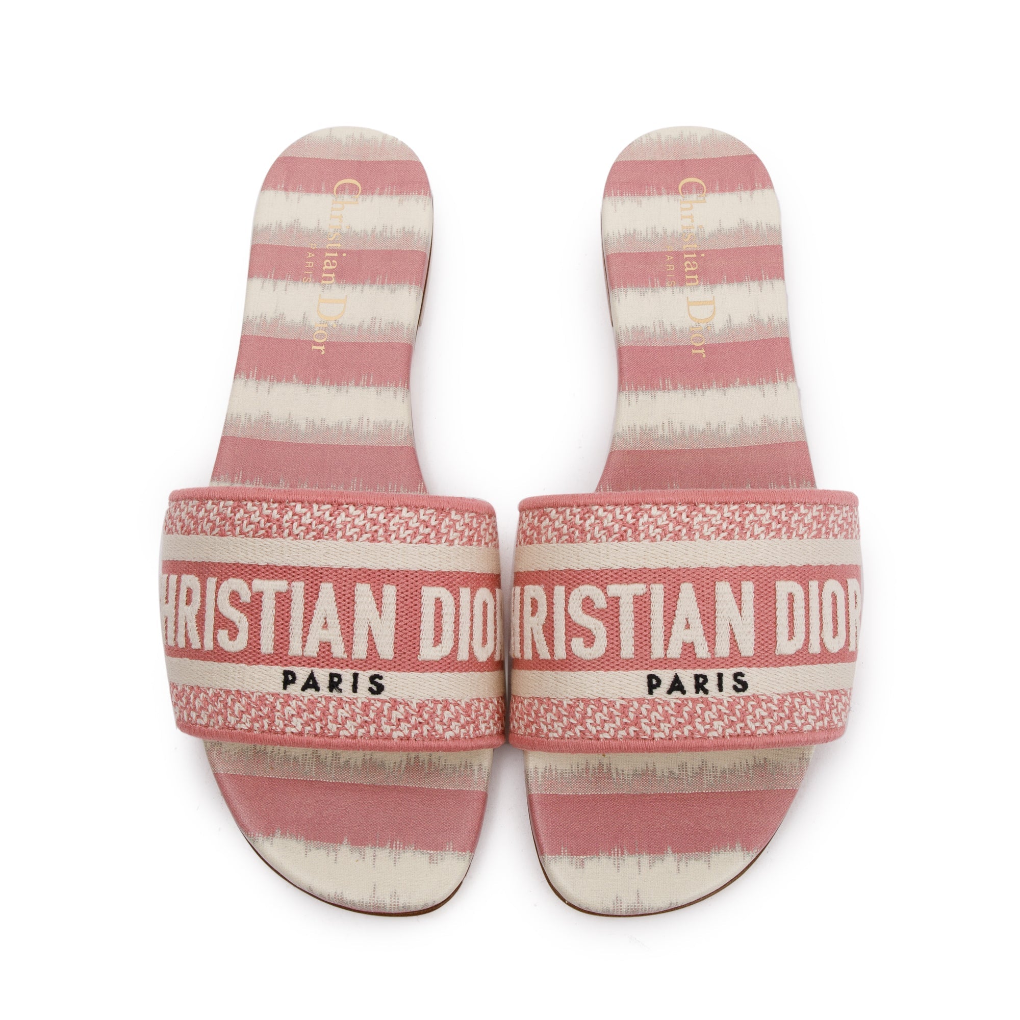 Christian Dior Deep Nude Embroidered Cotton D-Stripes Dway Slide, Size 38 w/ Box