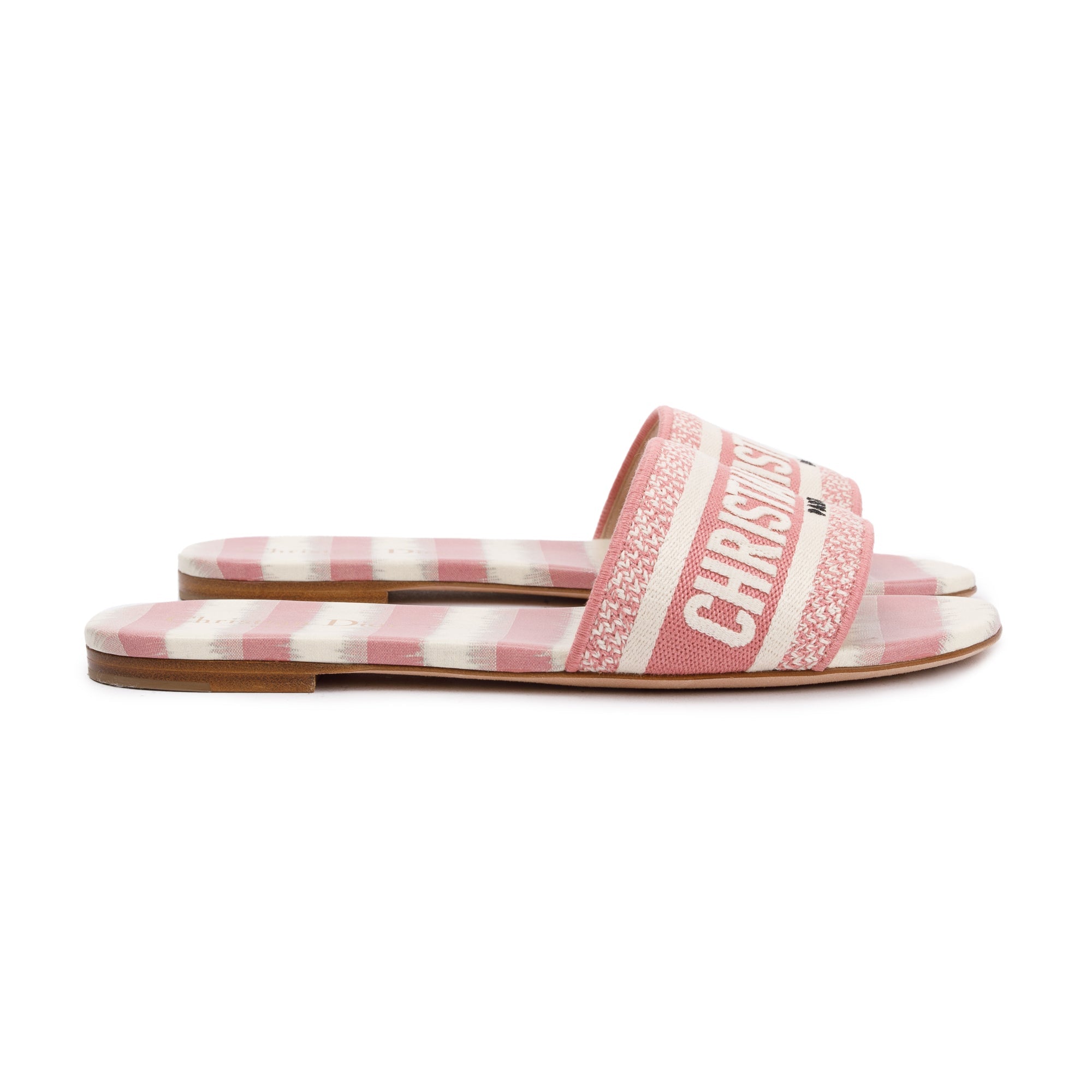 Christian Dior Deep Nude Embroidered Cotton D-Stripes Dway Slide, Size 38 w/ Box