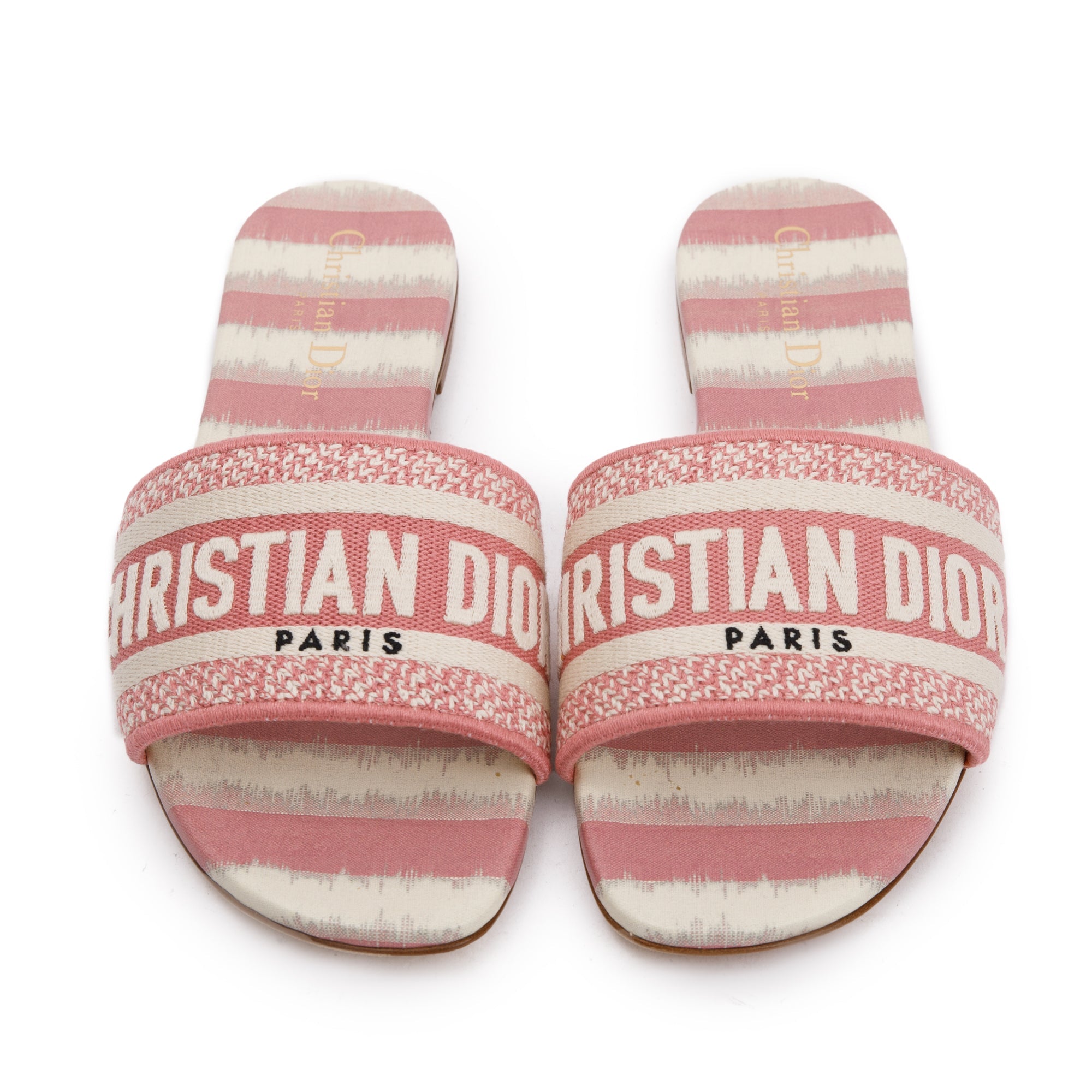 Christian Dior Deep Nude Embroidered Cotton D-Stripes Dway Slide, Size 38 w/ Box