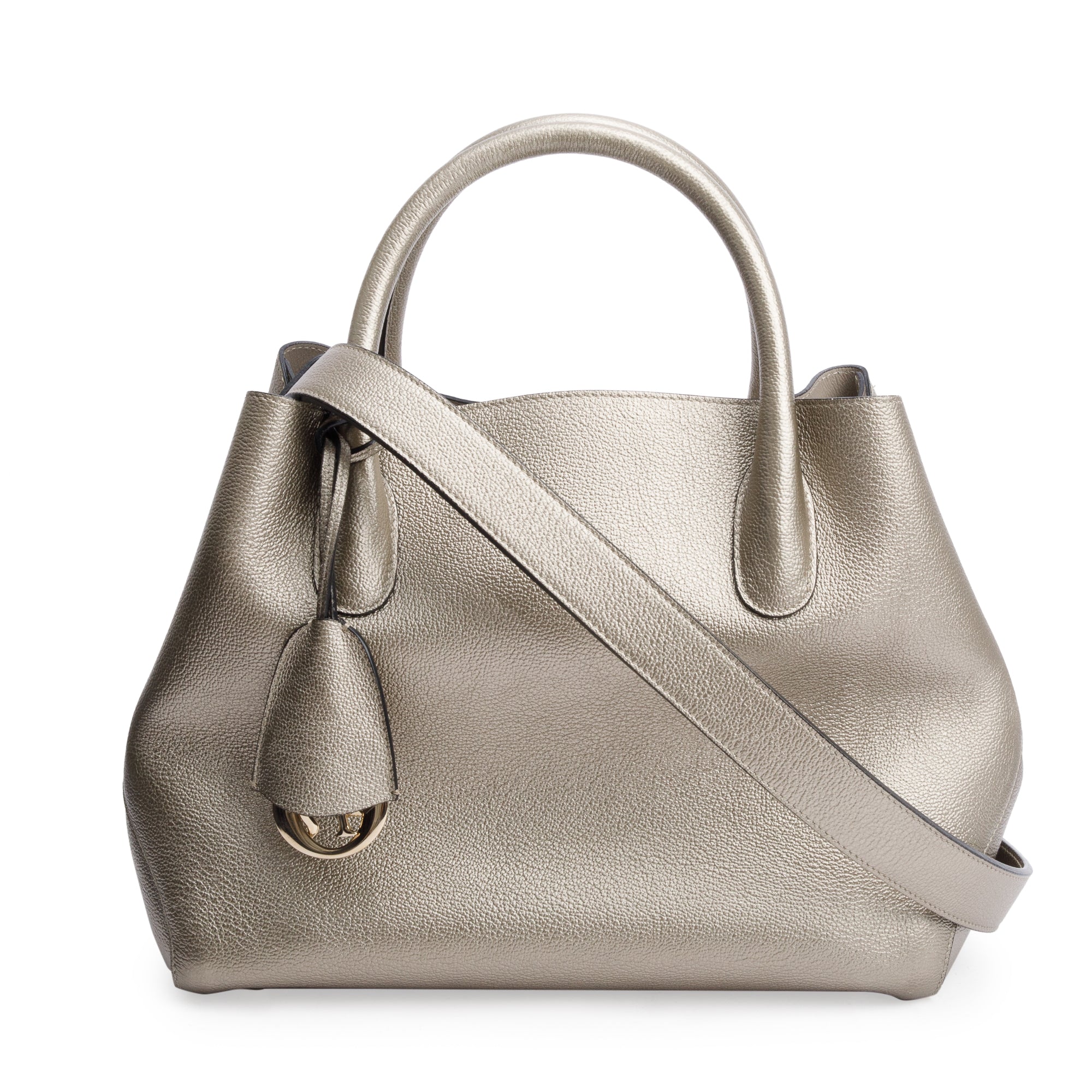 Christian Dior Gold Metallic Calfskin Leather Small Open Bar Tote w/ Strap & Authenticity Card