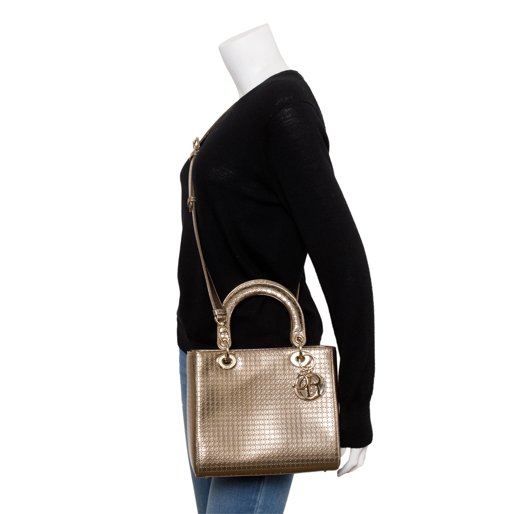 Christian Dior Gold Metallic Microcannage Patent Leather Medium Lady Dior Bag w/ Strap & Authenticity Card