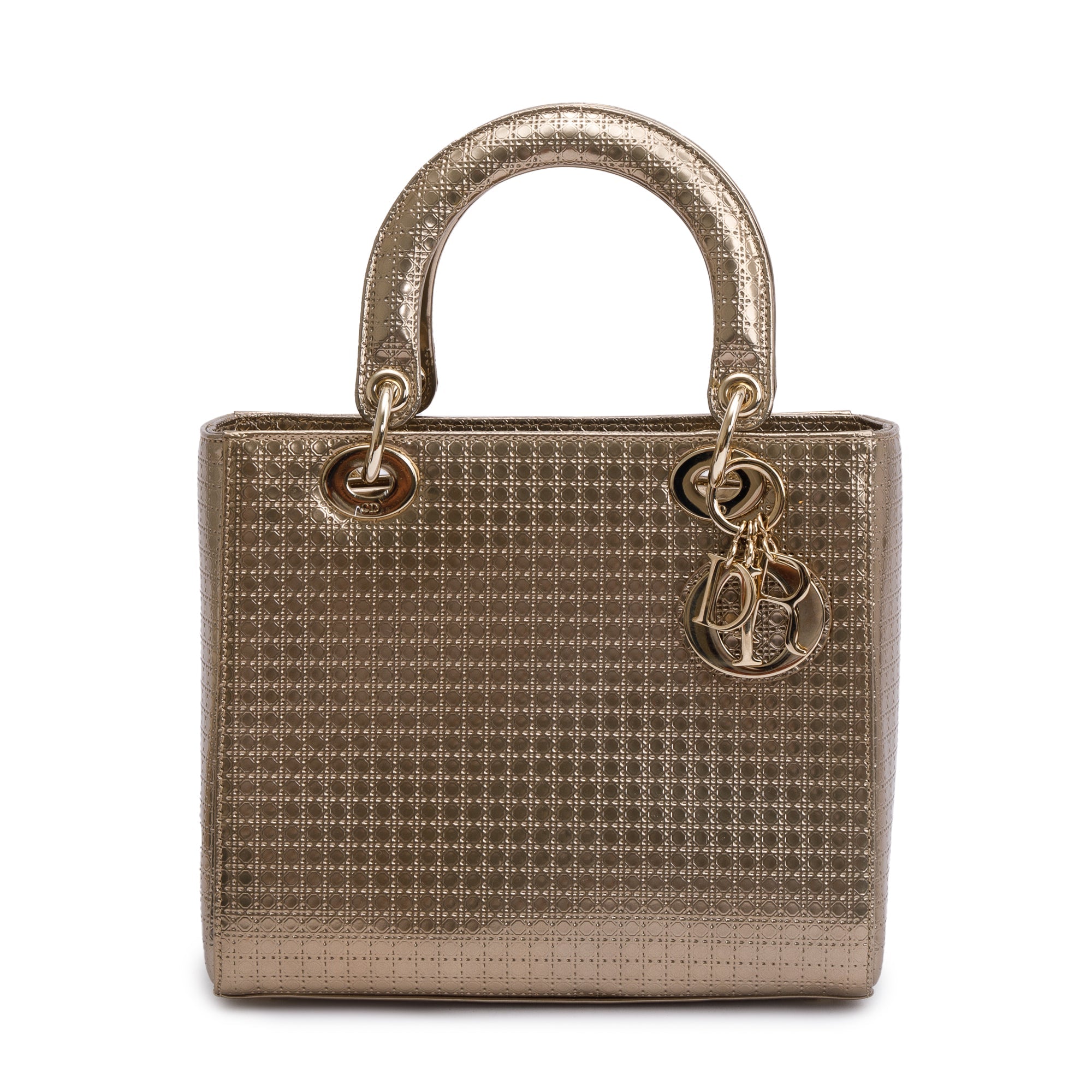 Christian Dior Gold Metallic Microcannage Patent Leather Medium Lady Dior Bag w/ Strap & Authenticity Card