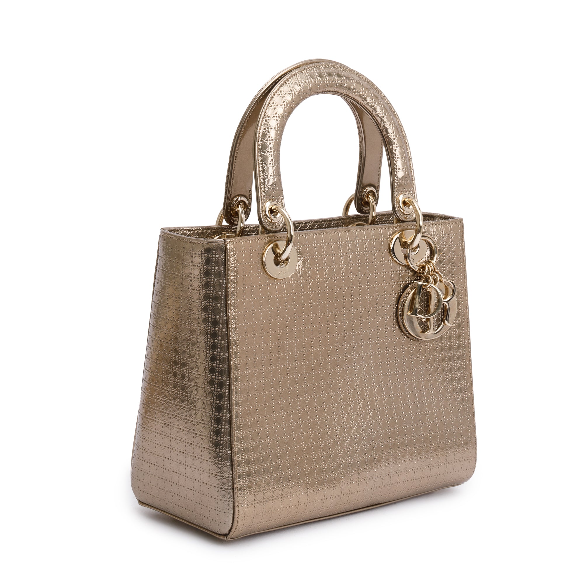 Christian Dior Gold Metallic Microcannage Patent Leather Medium Lady Dior Bag w/ Strap & Authenticity Card