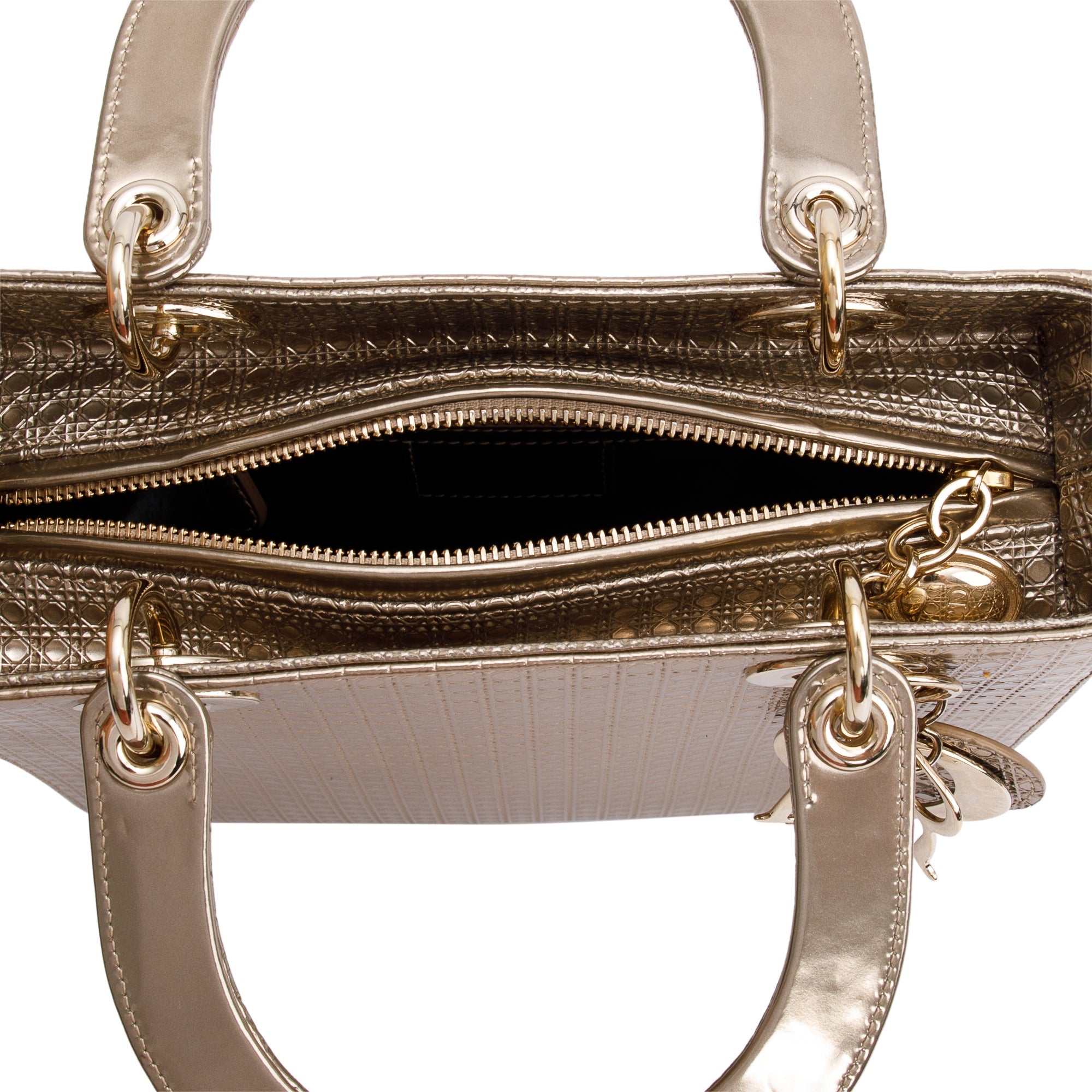 Christian Dior Gold Metallic Microcannage Patent Leather Medium Lady Dior Bag w/ Strap & Authenticity Card