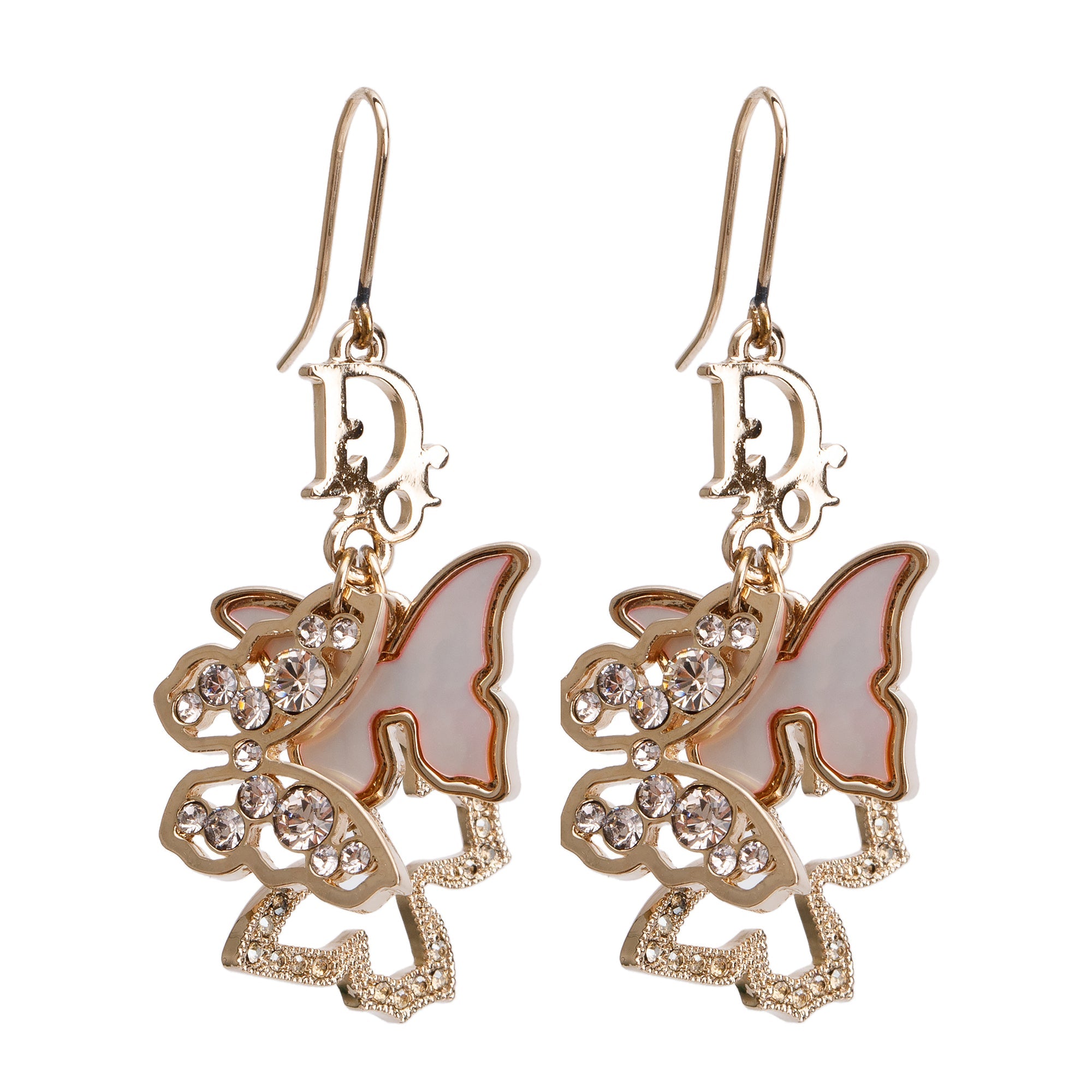 Christian Dior Gold Plated Crystal & Mother of Pearl Butterfly Dangle Earrings