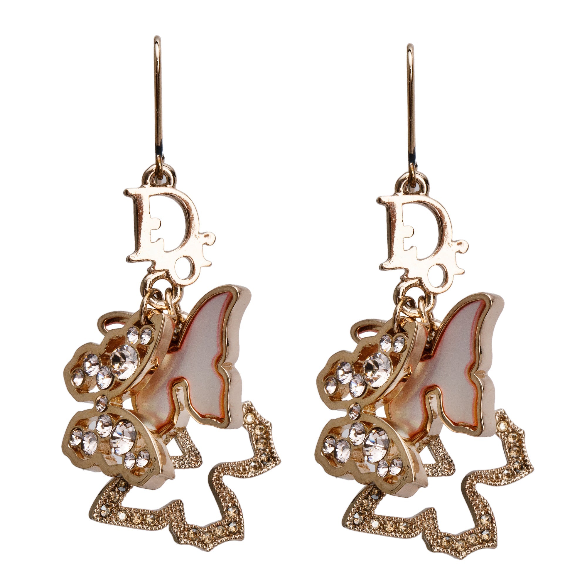 Christian Dior Gold Plated Crystal & Mother of Pearl Butterfly Dangle Earrings