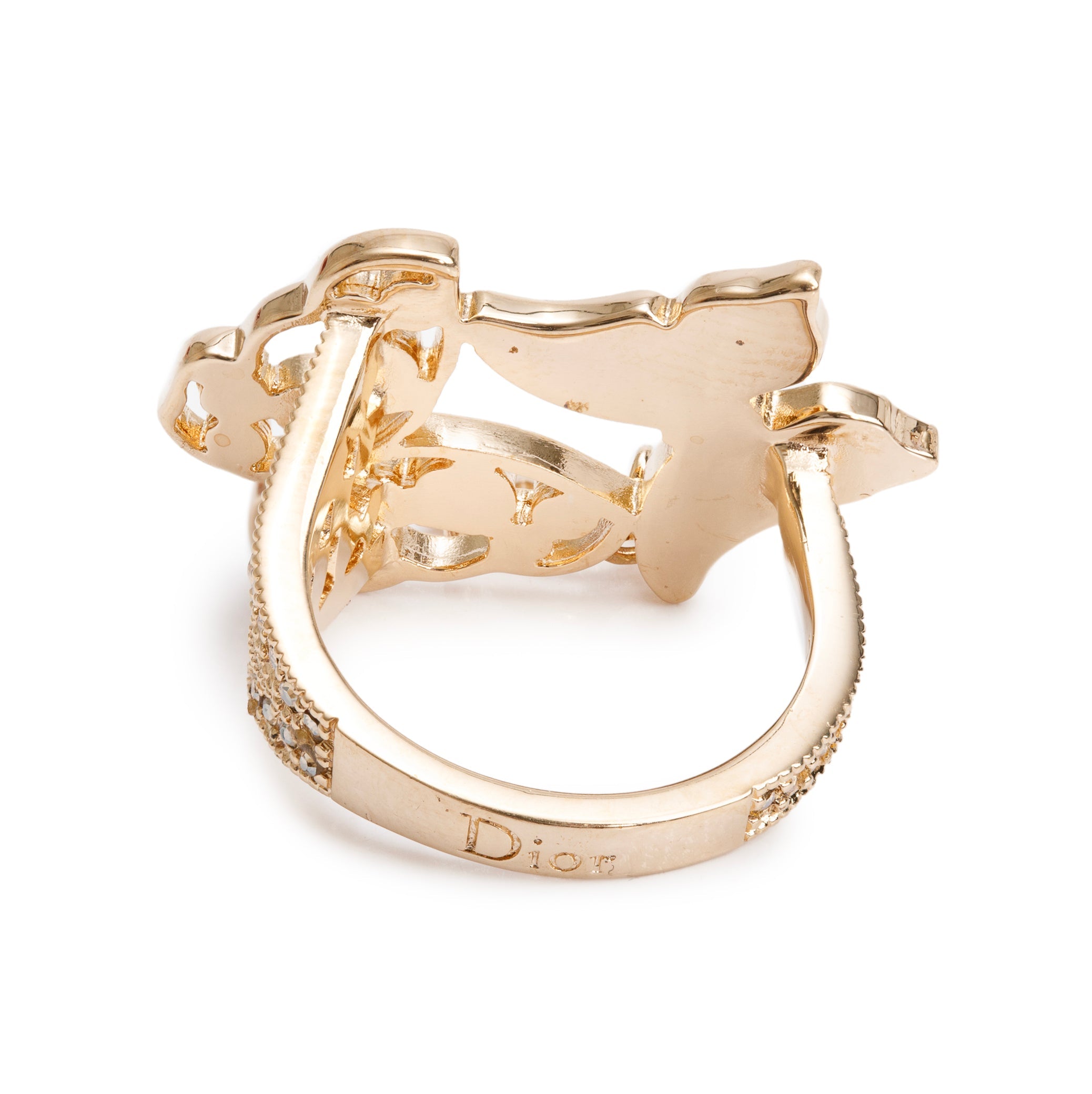 Christian Dior Gold Plated Crystal & Mother of Pearl Butterfly Ring, Size 6.5