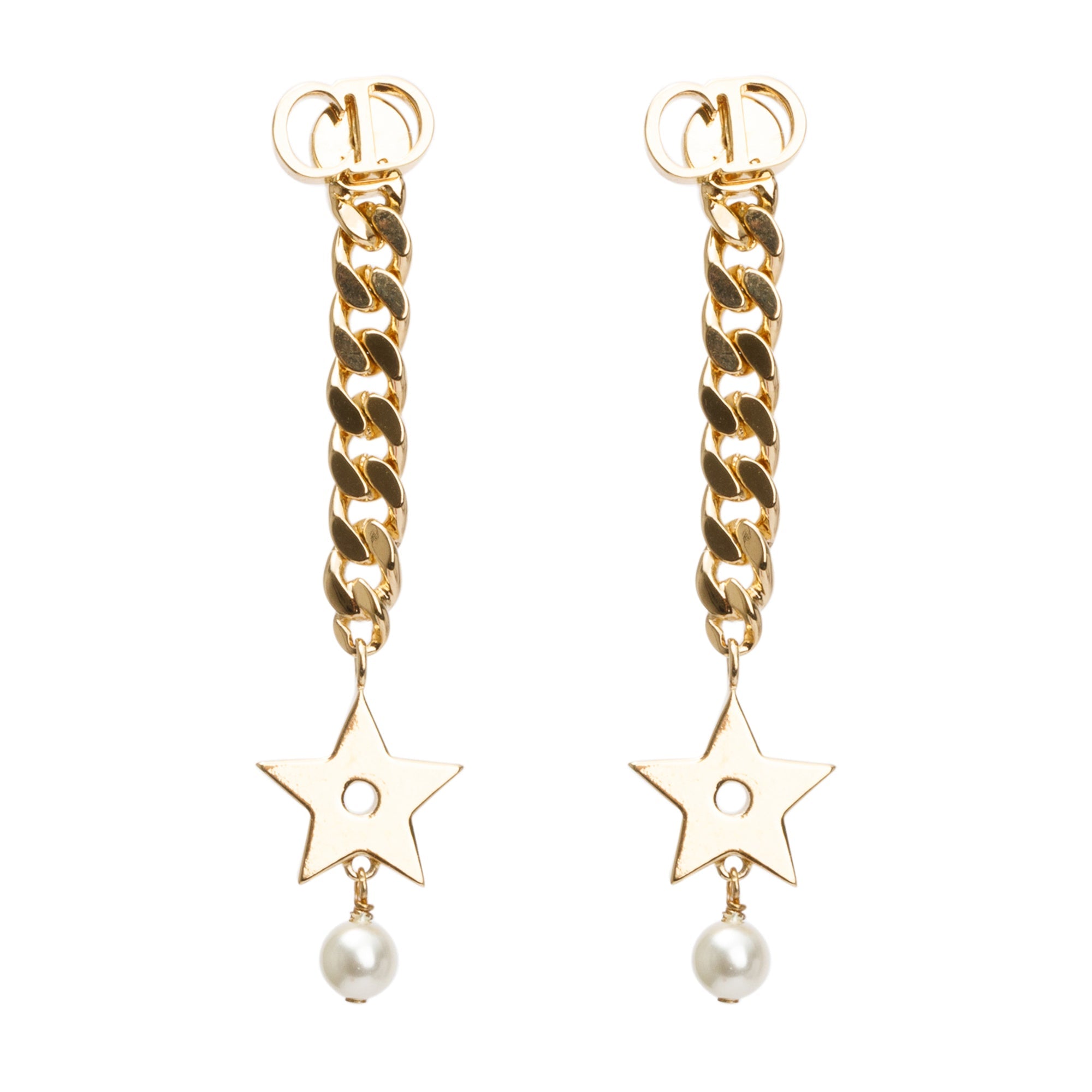 Christian Dior Gold Plated Faux Pearl CD Chain Star Drop Earrings