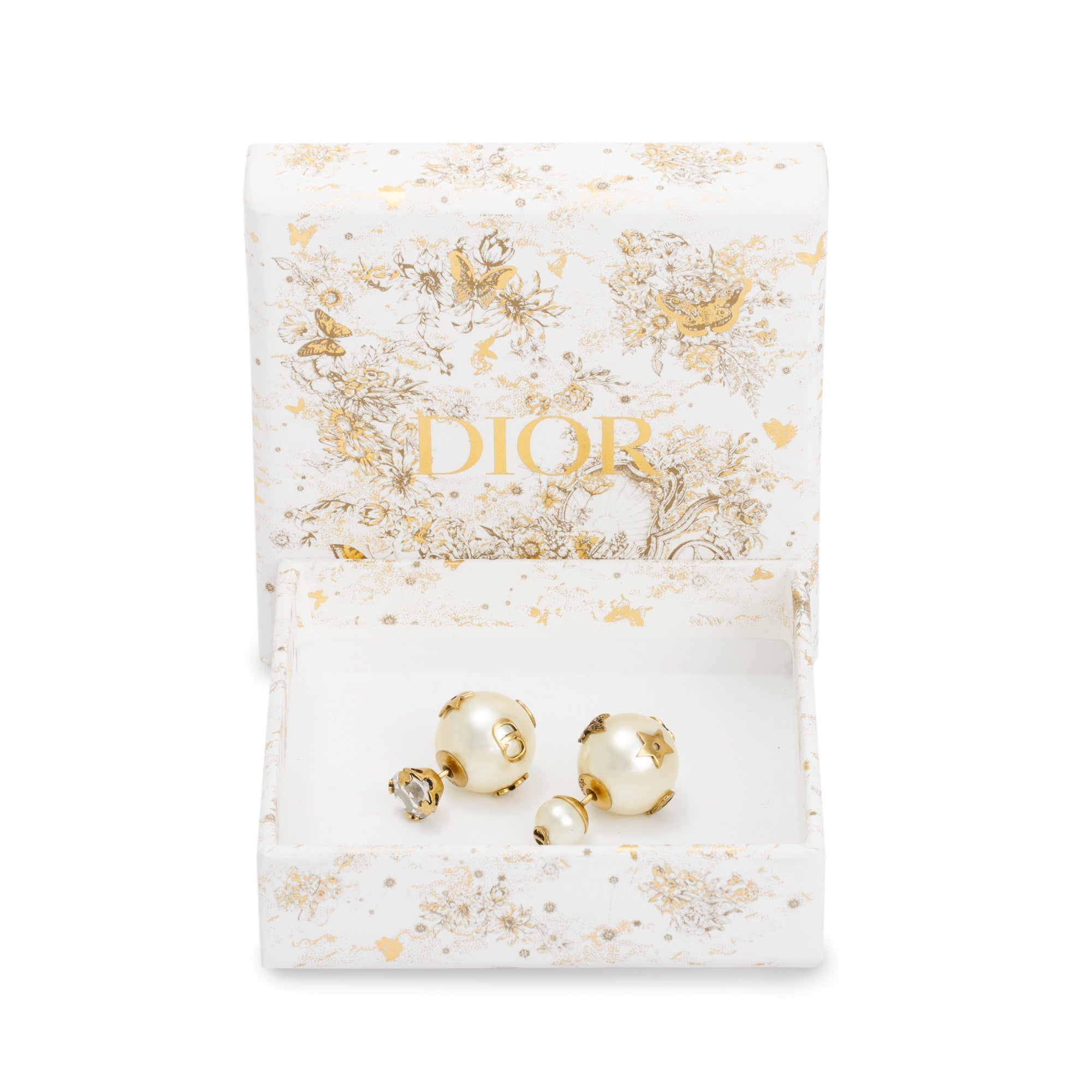 Christian Dior Gold Plated Faux Pearl & Crystal Lucky Charm Tribales Earrings w/ Box