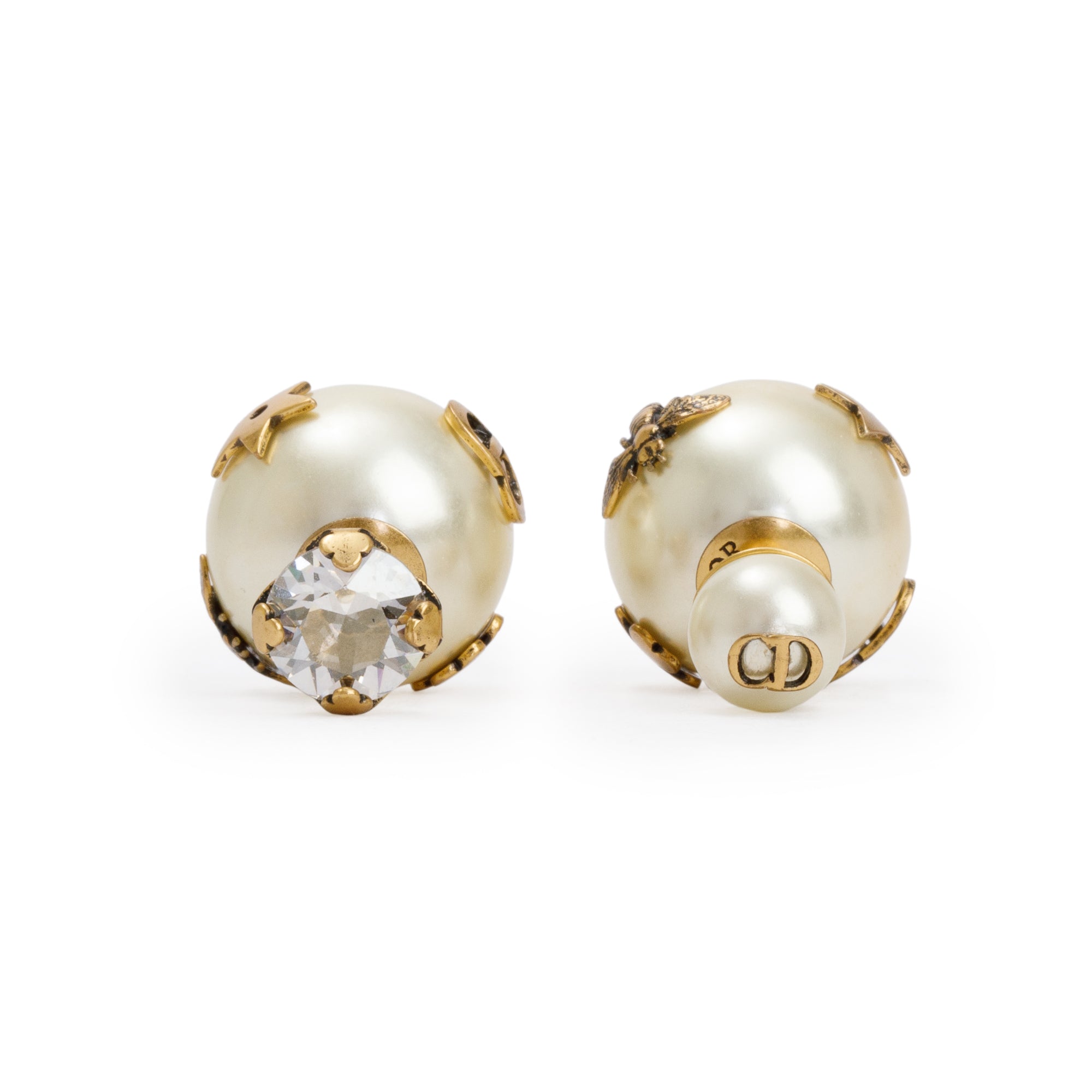 Christian Dior Gold Plated Faux Pearl & Crystal Lucky Charm Tribales Earrings w/ Box