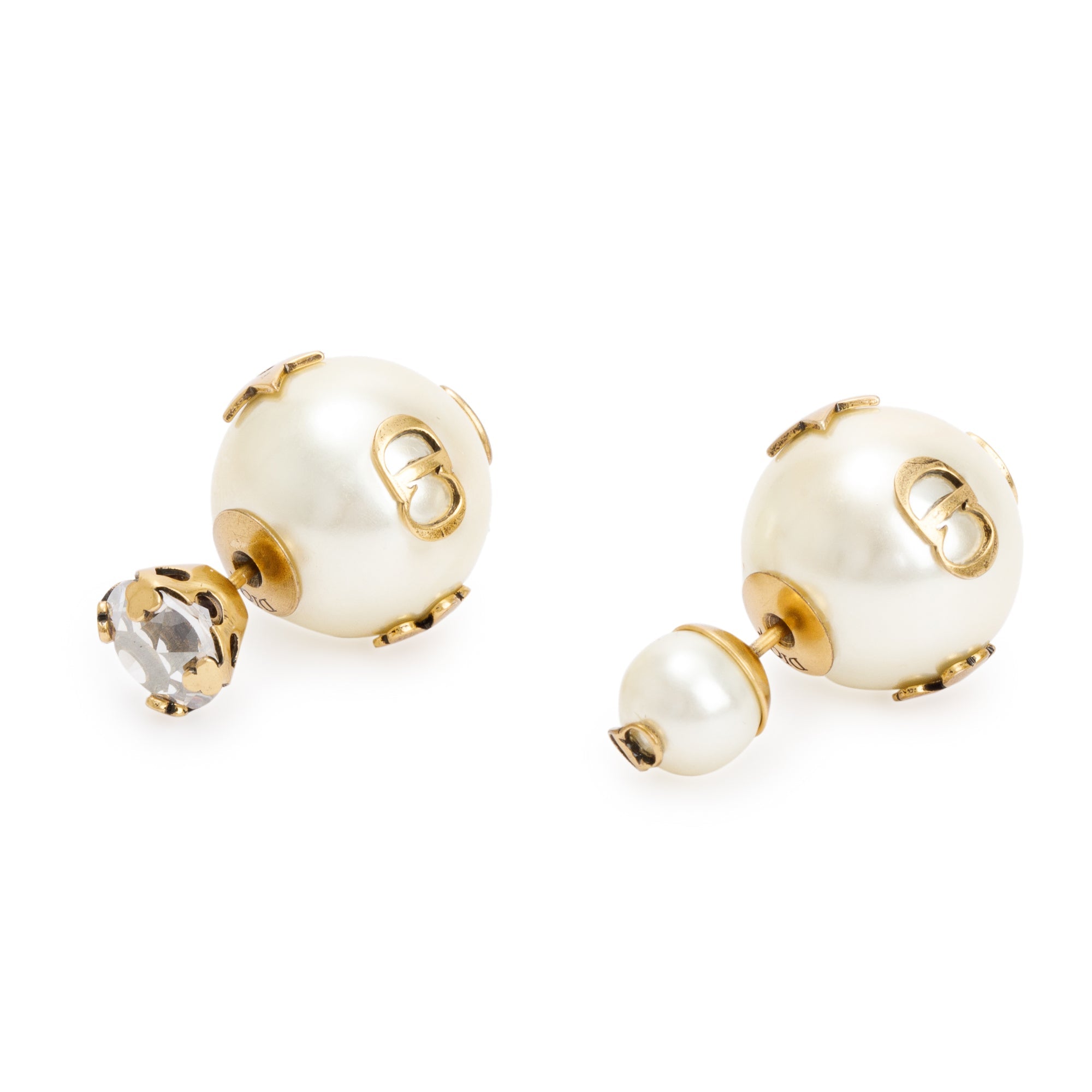 Christian Dior Gold Plated Faux Pearl & Crystal Lucky Charm Tribales Earrings w/ Box