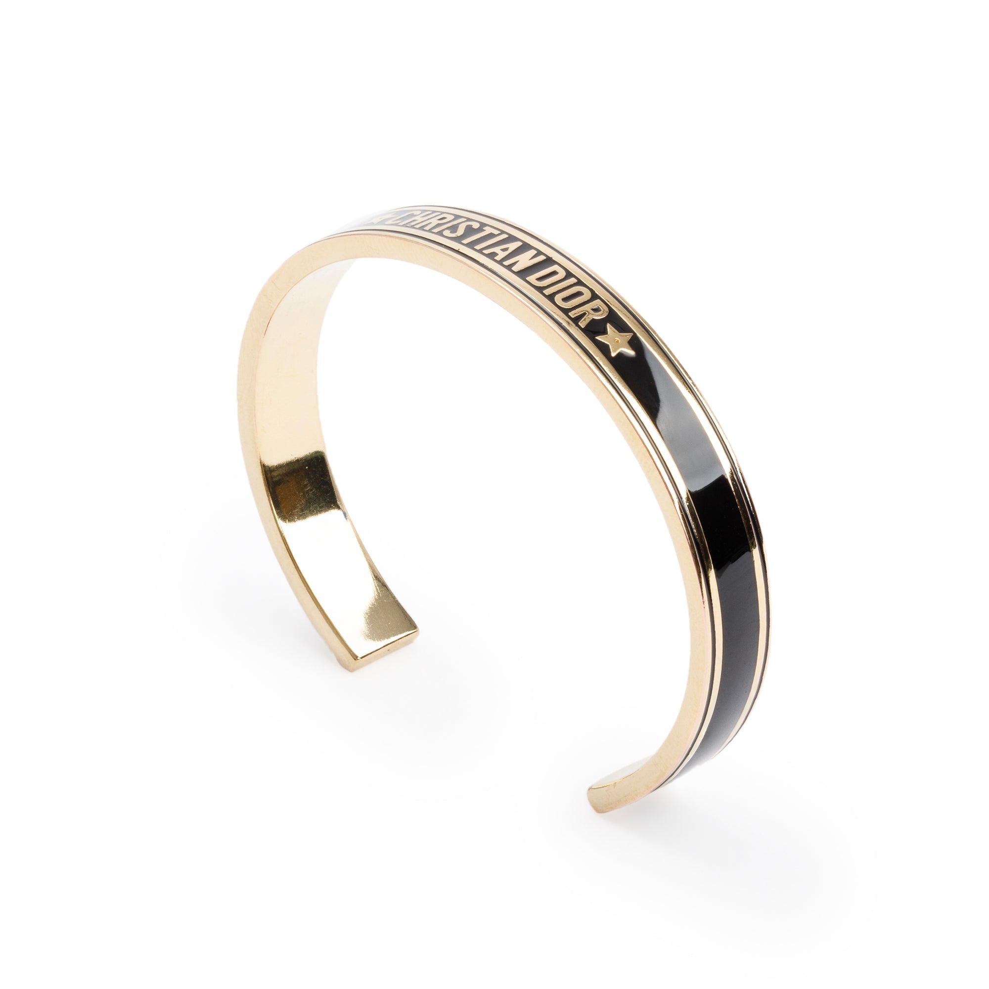 Christian Dior Gold Tone Metal Black Enamel Dior Code Cuff Bracelet w/ Box