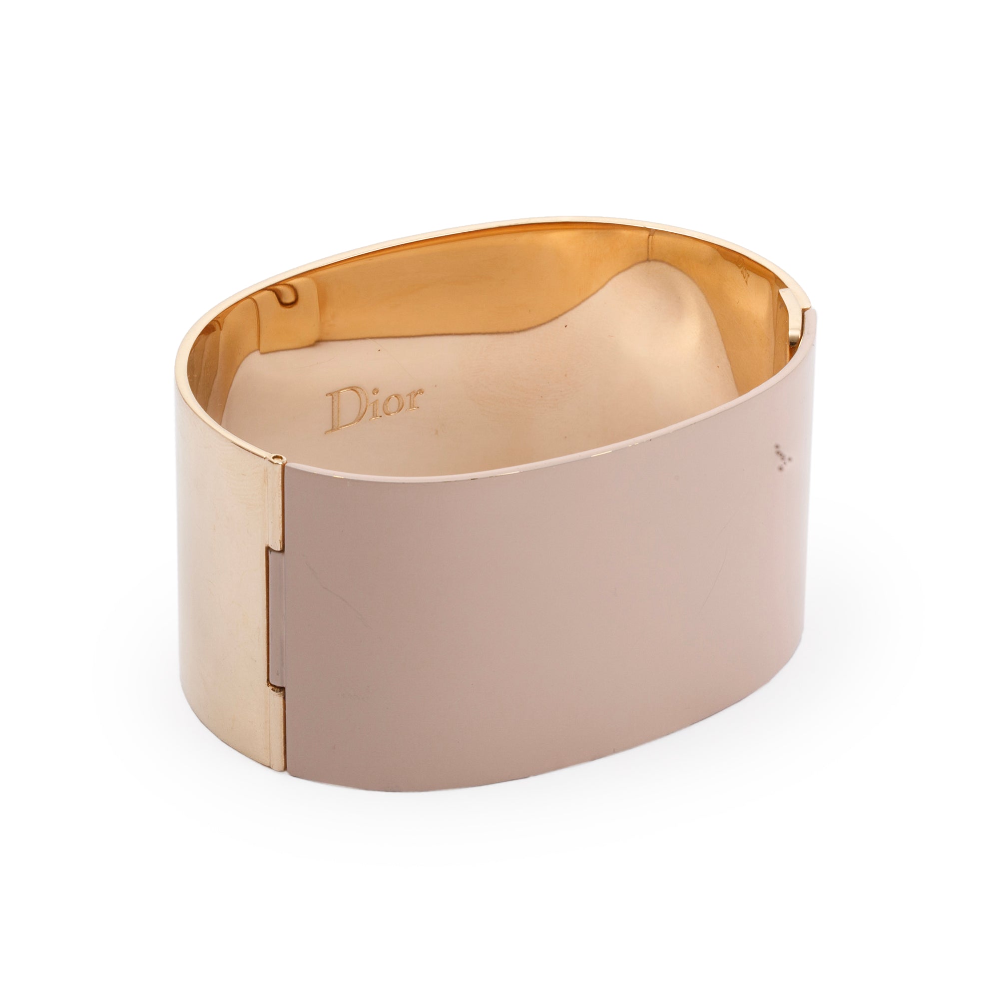 Christian Dior Gold Tone Metal Blush Enamel Hinged Cuff Bracelet w/ Box