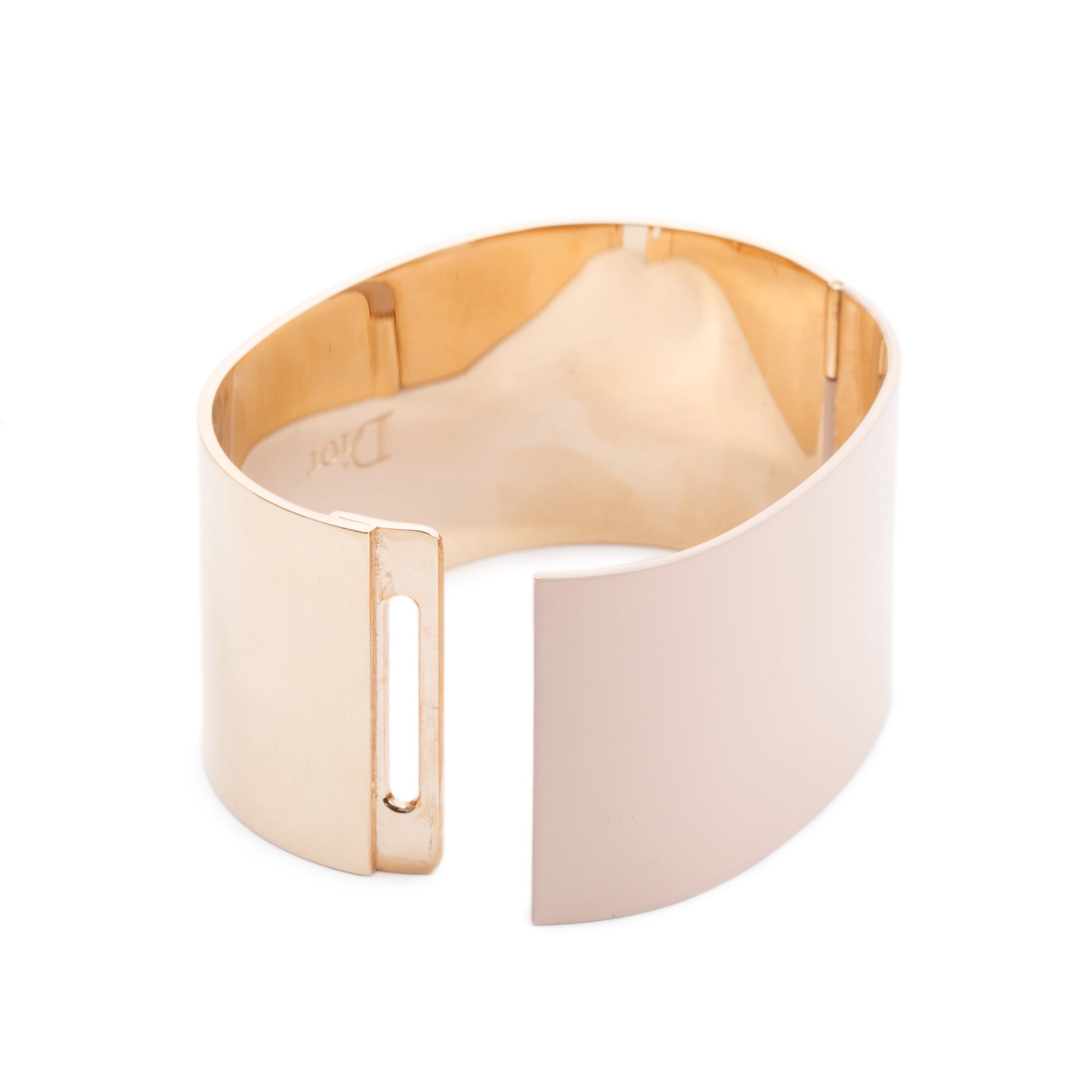 Christian Dior Gold Tone Metal Blush Enamel Hinged Cuff Bracelet w/ Box