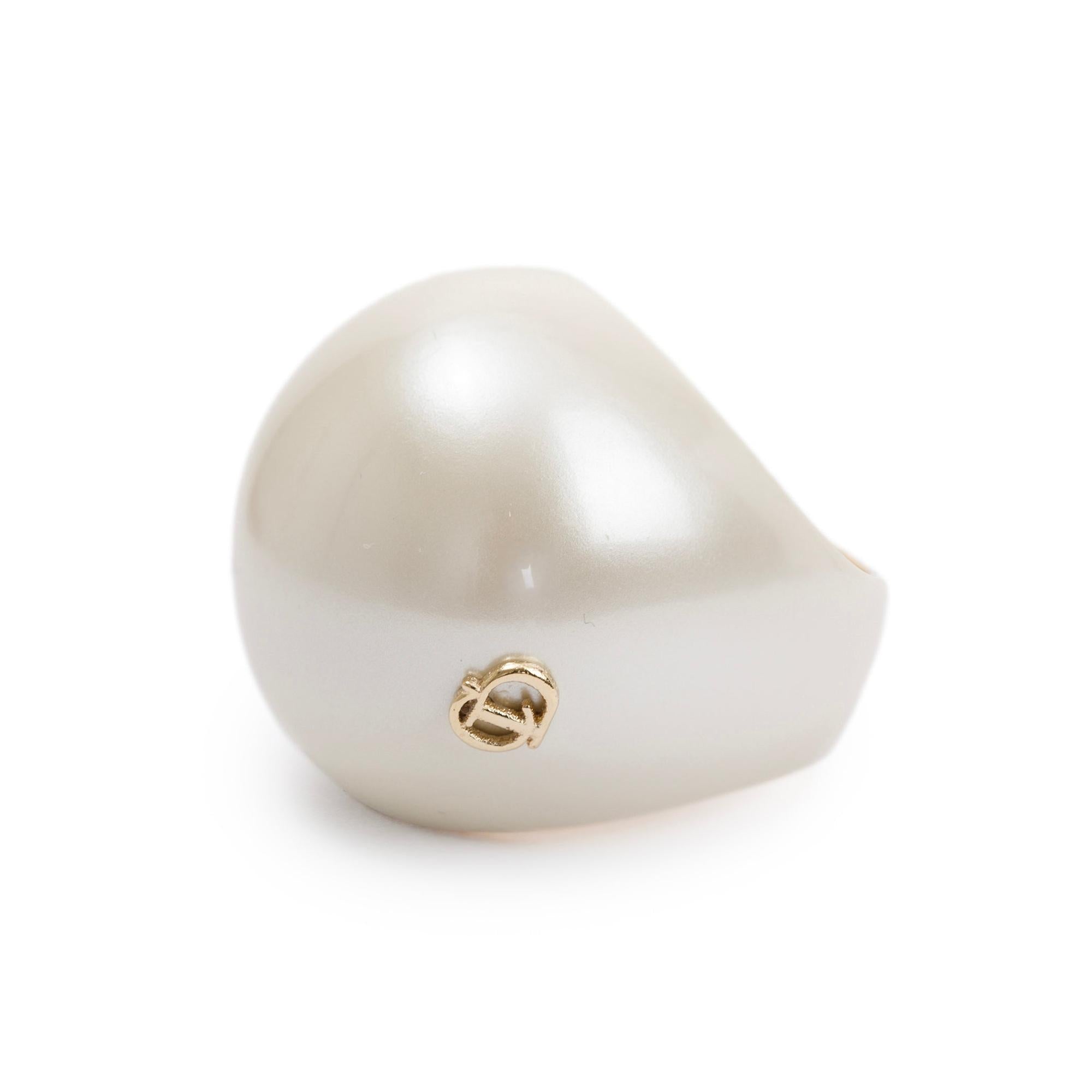 Christian Dior Gold Tone Metal Faux Pearl CD Dome Ring, L Size 6.5 w/ Box