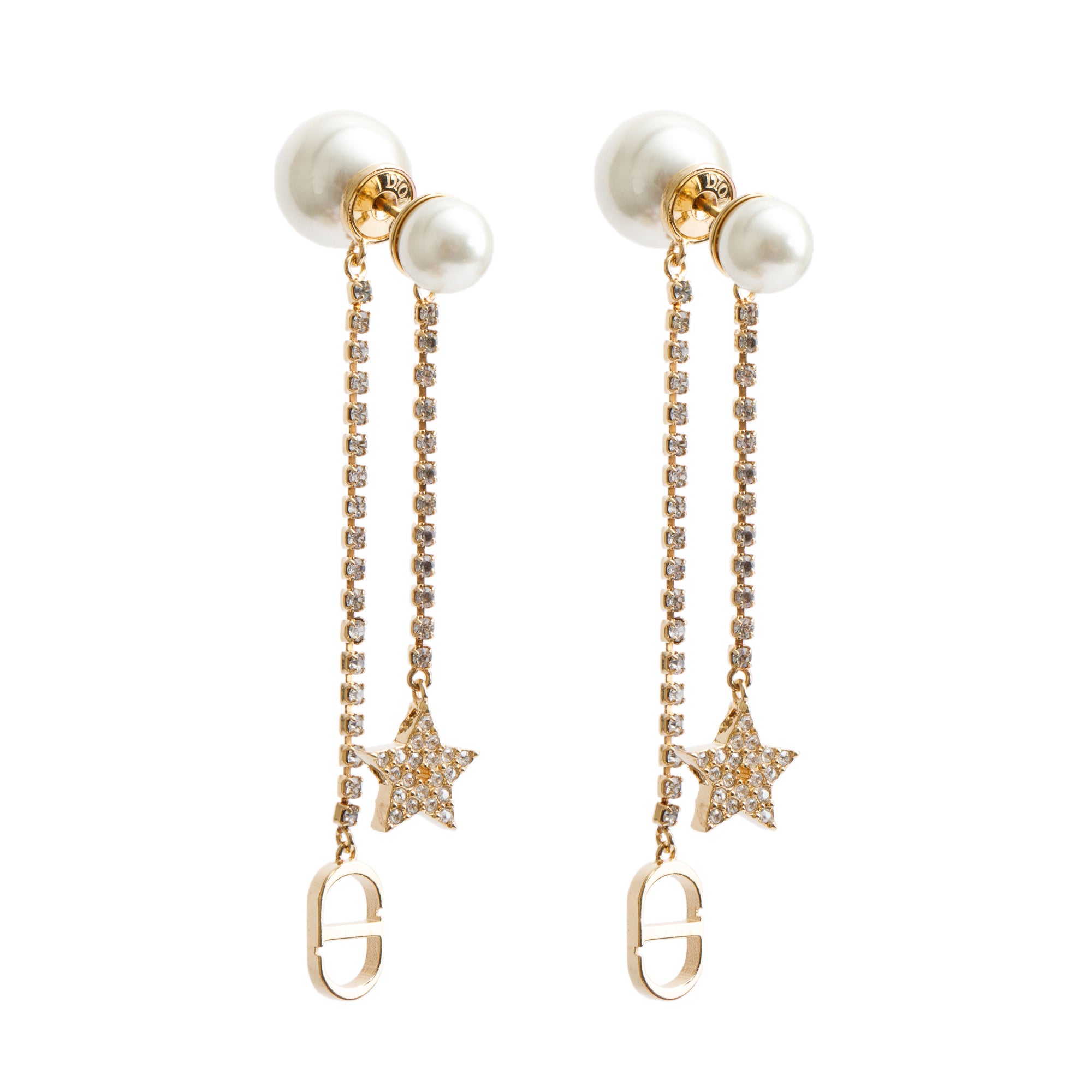 Christian Dior Gold-Tone Metal Faux Pearl & Crystal Tribales CD Drop Earrings w/ Box