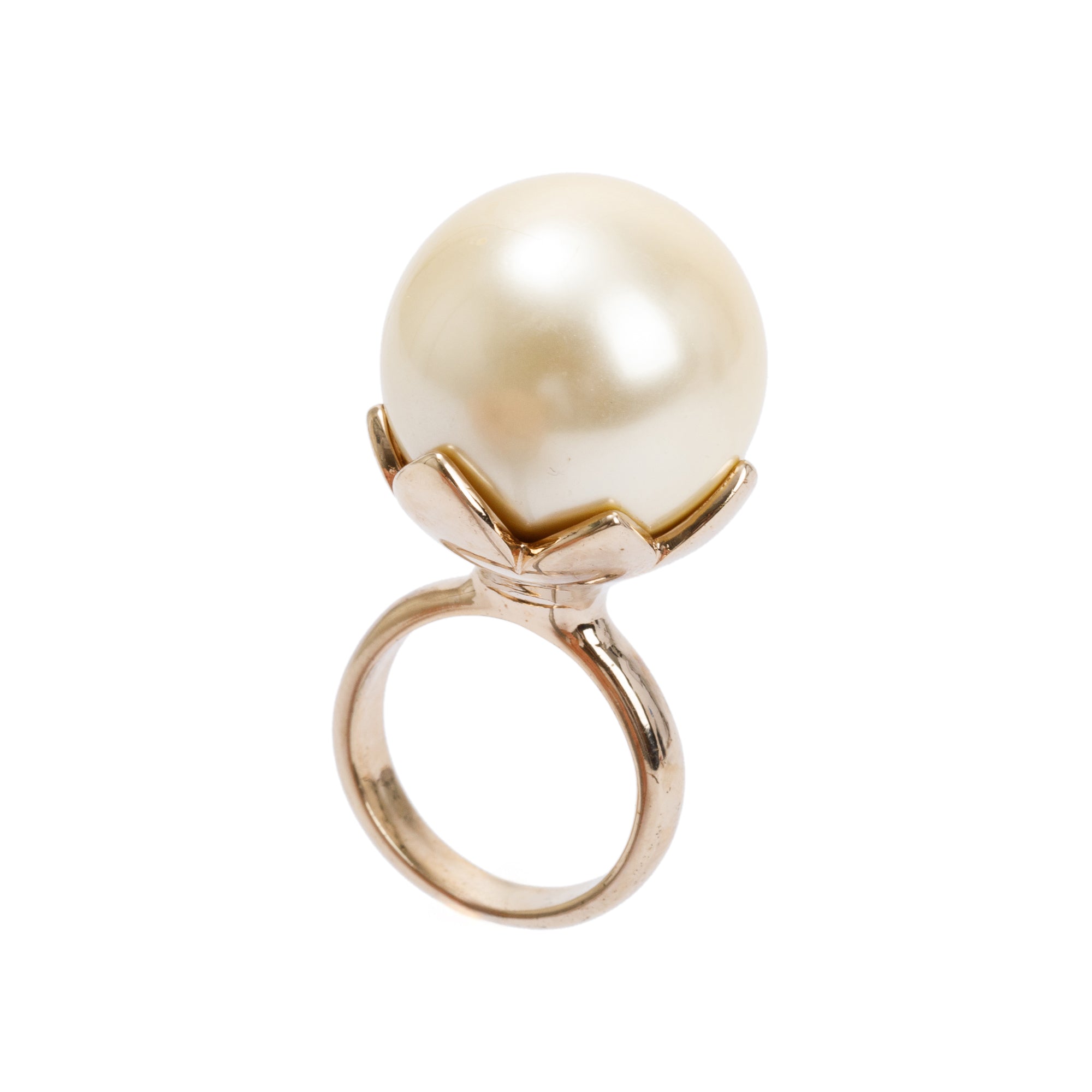 Christian Dior Gold Tone Metal Mise en Dior Faux Pearl Ring, M Size 5.75