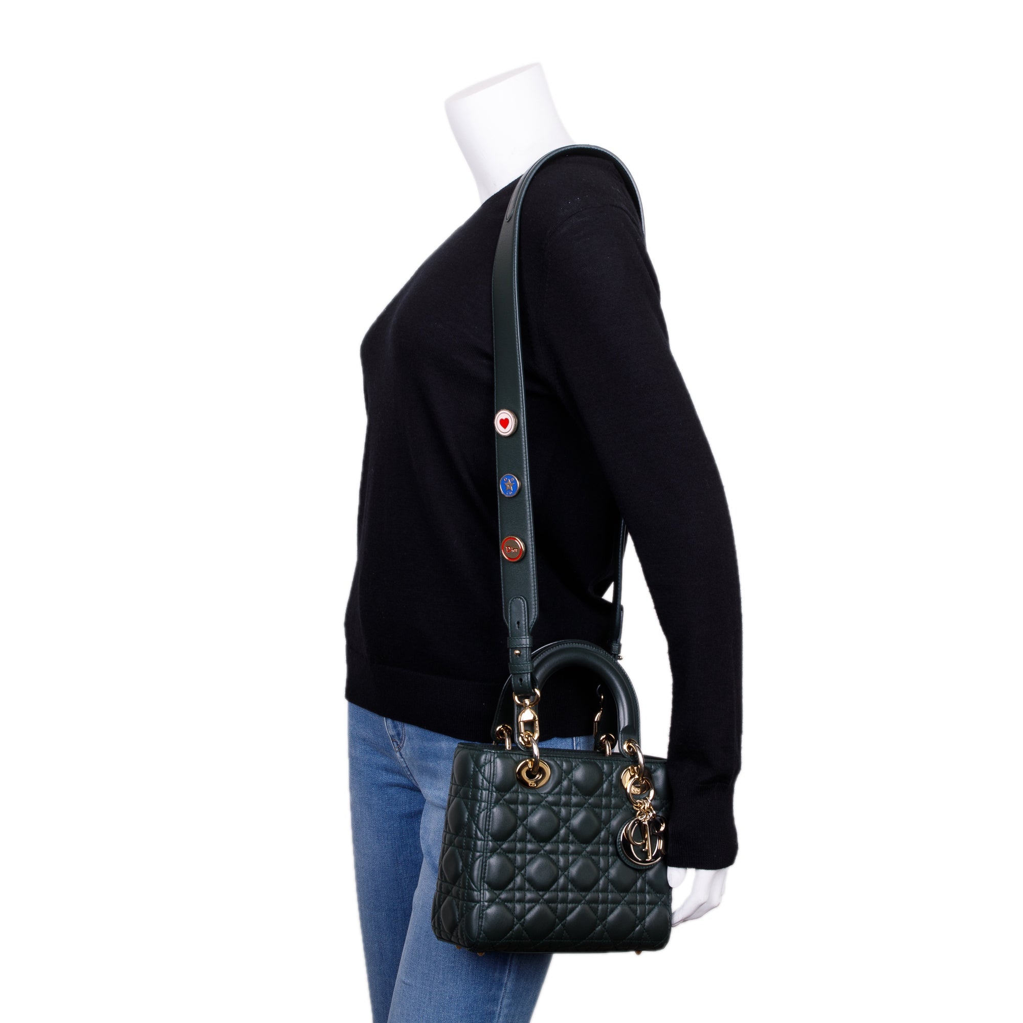 Christian Dior Green Cannage Lambskin Leather Small Lady Dior My Abcdior Bag w/ Strap & Authenticity Card