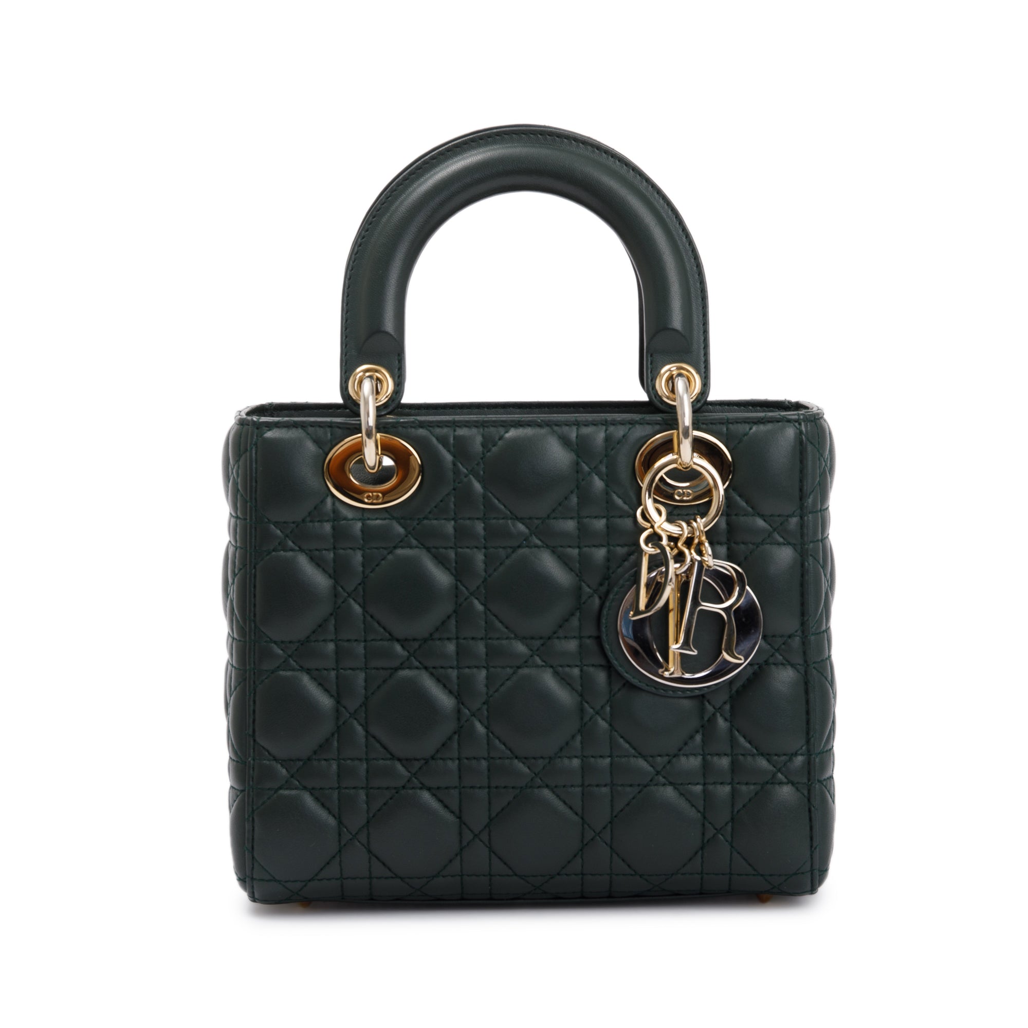 Christian Dior Green Cannage Lambskin Leather Small Lady Dior My Abcdior Bag w/ Strap & Authenticity Card