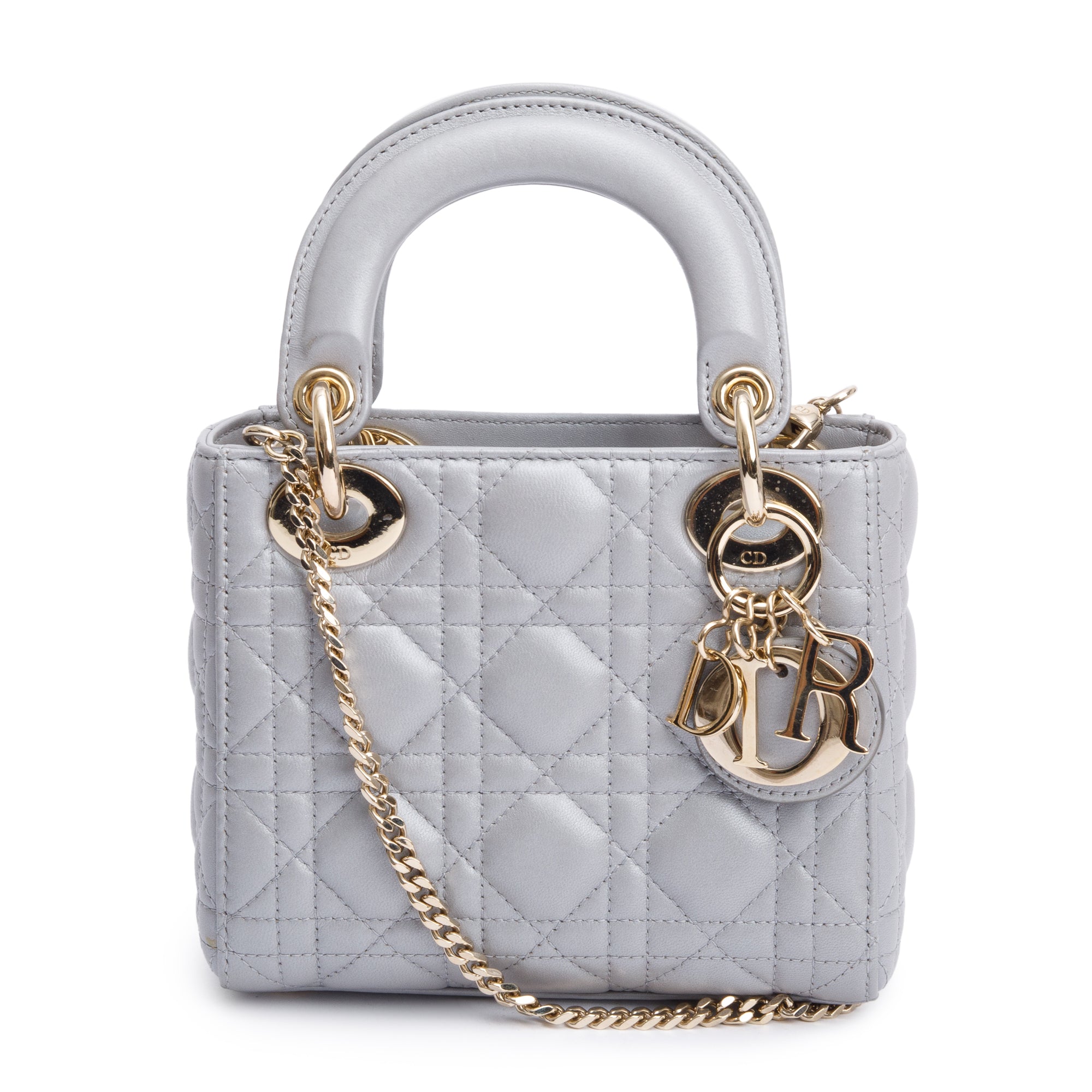 Christian Dior Grey Cannage Leather Mini Lady Dior Bag w/ Strap