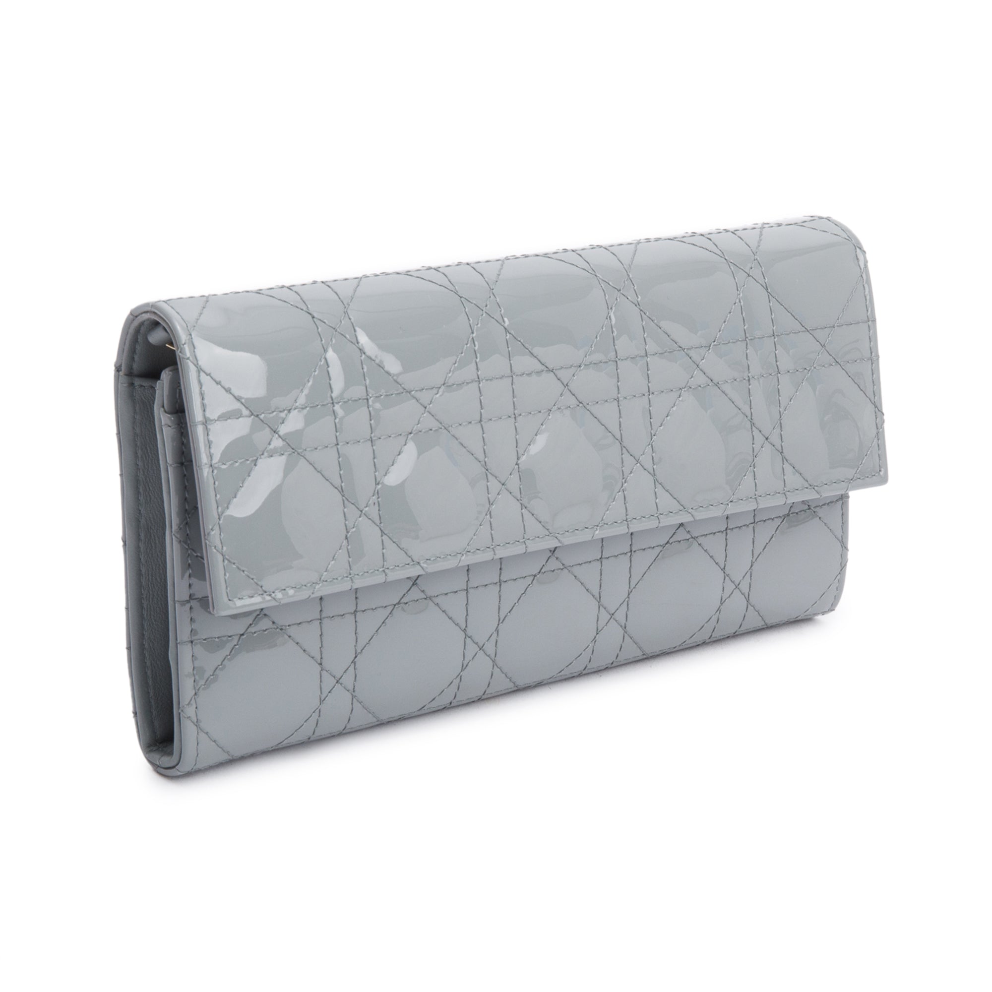 Christian Dior Grey Cannage Patent Leather Lady Dior Rendezvous Wallet on Chain w/ Box